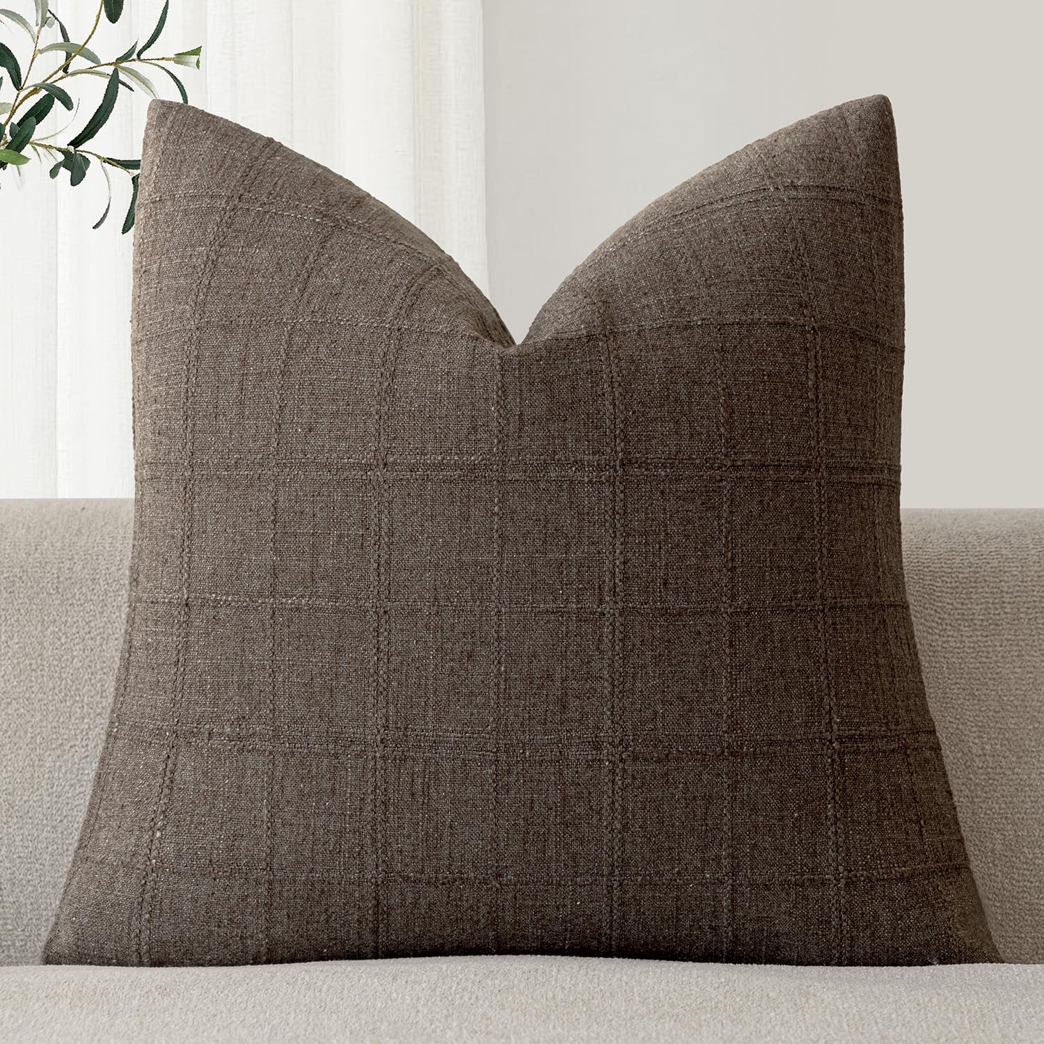 Foindtower Set of 1 Decorative Linen Check Throw Pillow Cover Neutral Farmhouse Lumbar Cushion Cover Modern Boho Home Decor for Sofa Chair Couch Bedroom Living Room,12×20 Inch,Natural Beige