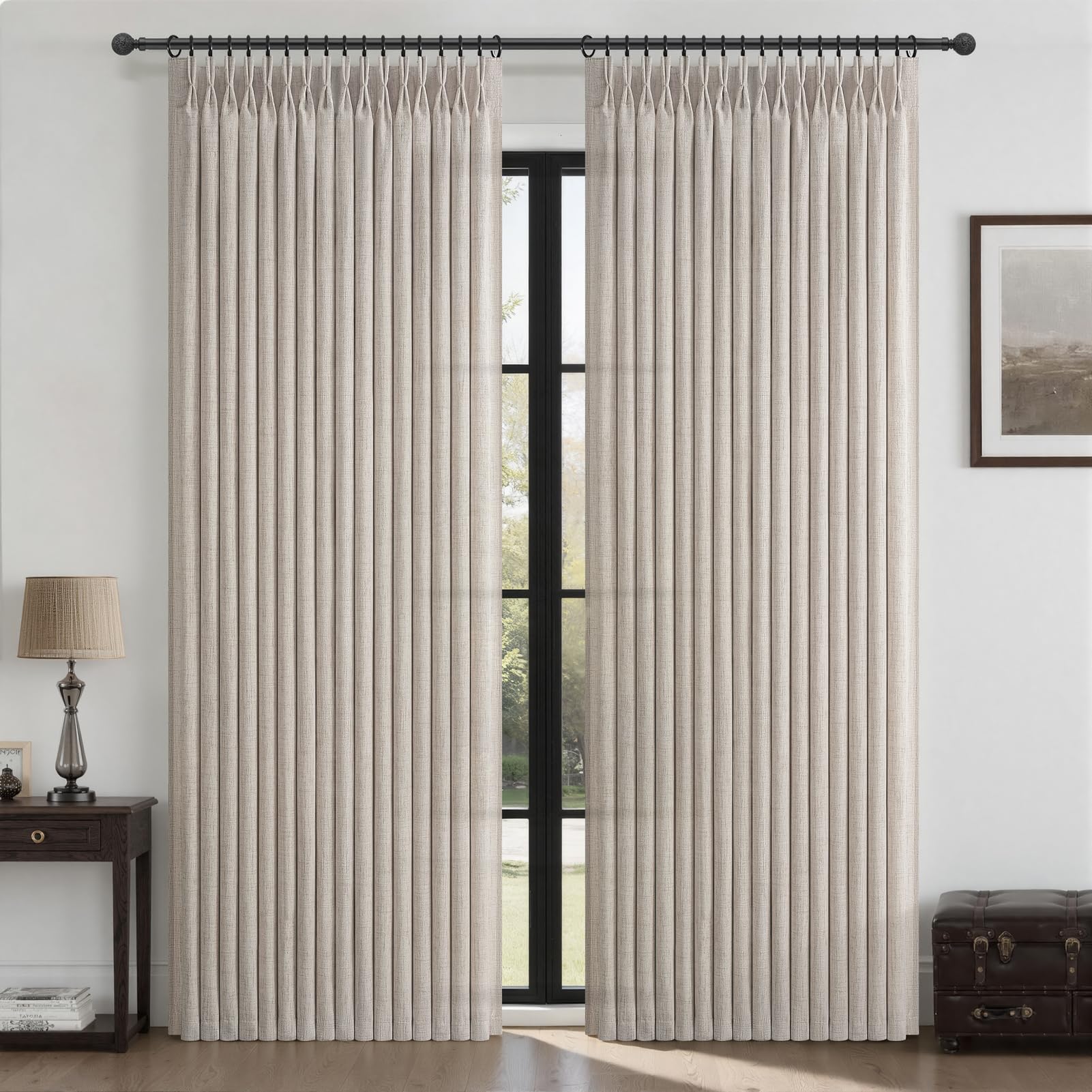 Pinch Pleated Linen 50 Inch Wide Curtains 96 Inches Long for Living Room, Memory Trained Pleat Boho Semi Sheer Birch Light Filtering Privacy Drapes 50x96 Inch Length 2 Panels Set Curtain Cream Ivory
