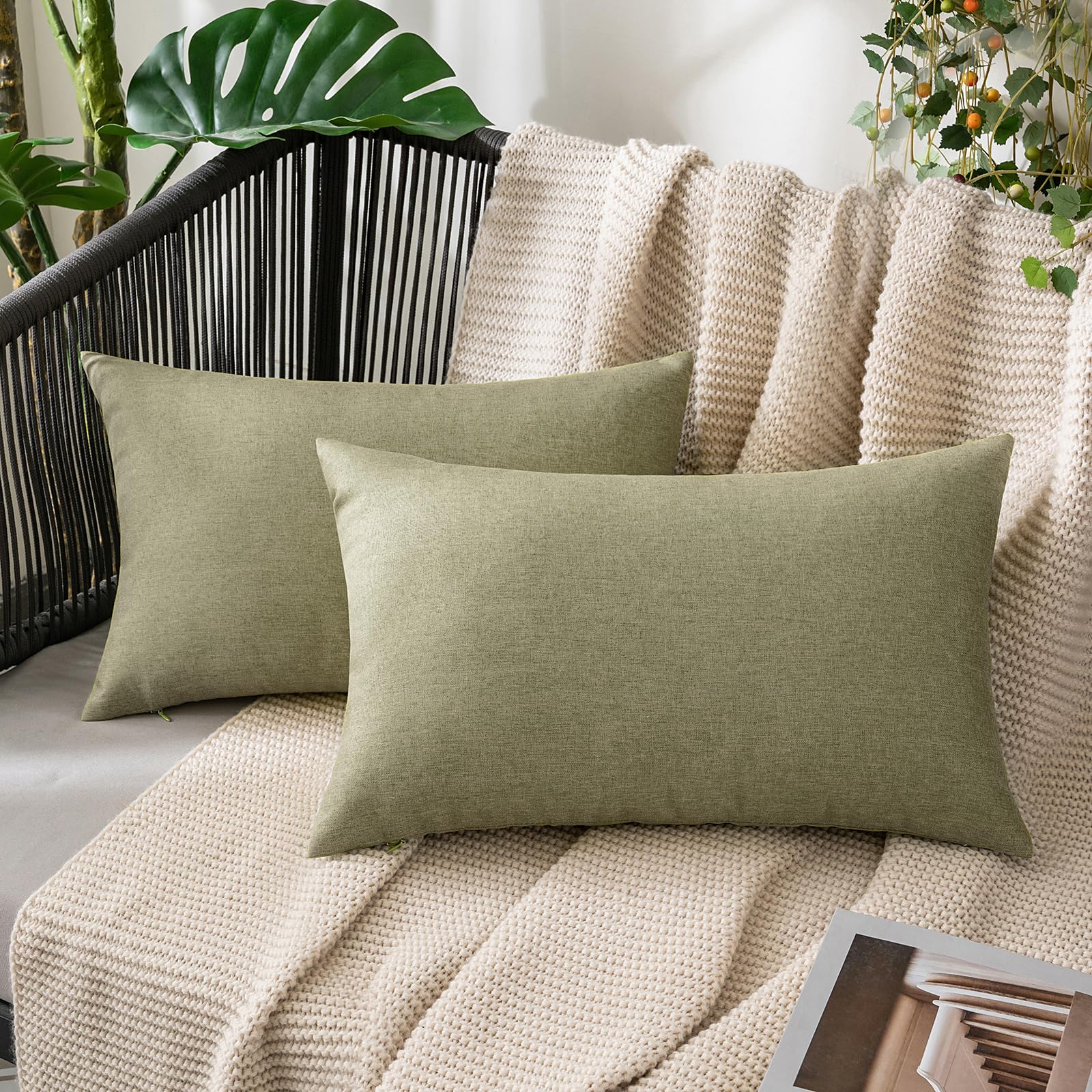 MIULEE Pack of 2 Decorative Outdoor Solid Waterproof Throw Pillow Covers Faux Linen Garden Farmhouse Cushion Cases for Patio Tent Balcony Couch Sofa 18x18 Inch Beige