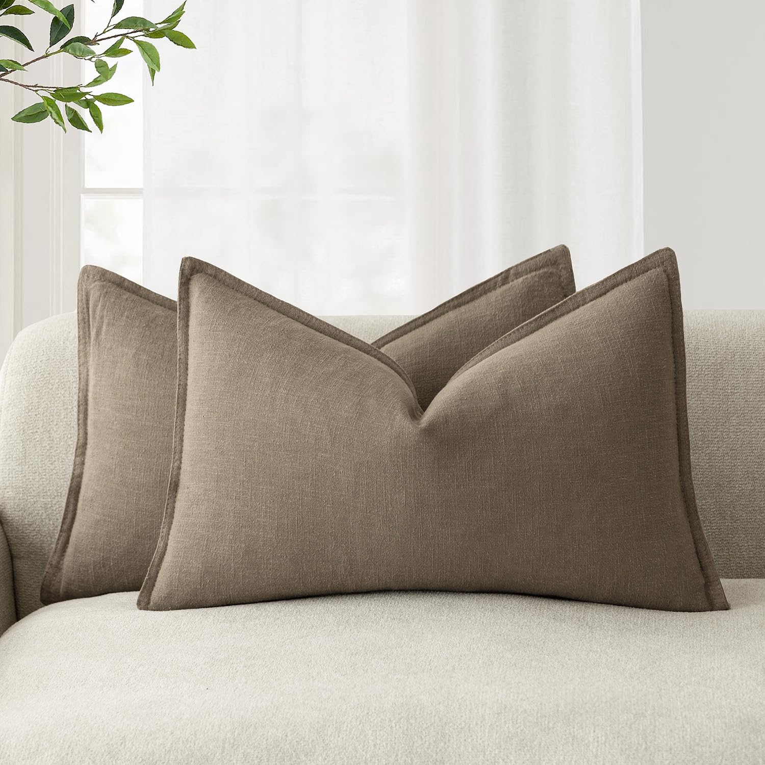 Foindtower Pack of 2, Decorative Linen Soild Throw Pillow Covers Soft Accent Cushion Case Boho Farmhouse Neutral Pillowcase for Couch Sofa Bedroom Living Room Home Decor 18 x 18 Inch Natural Beige