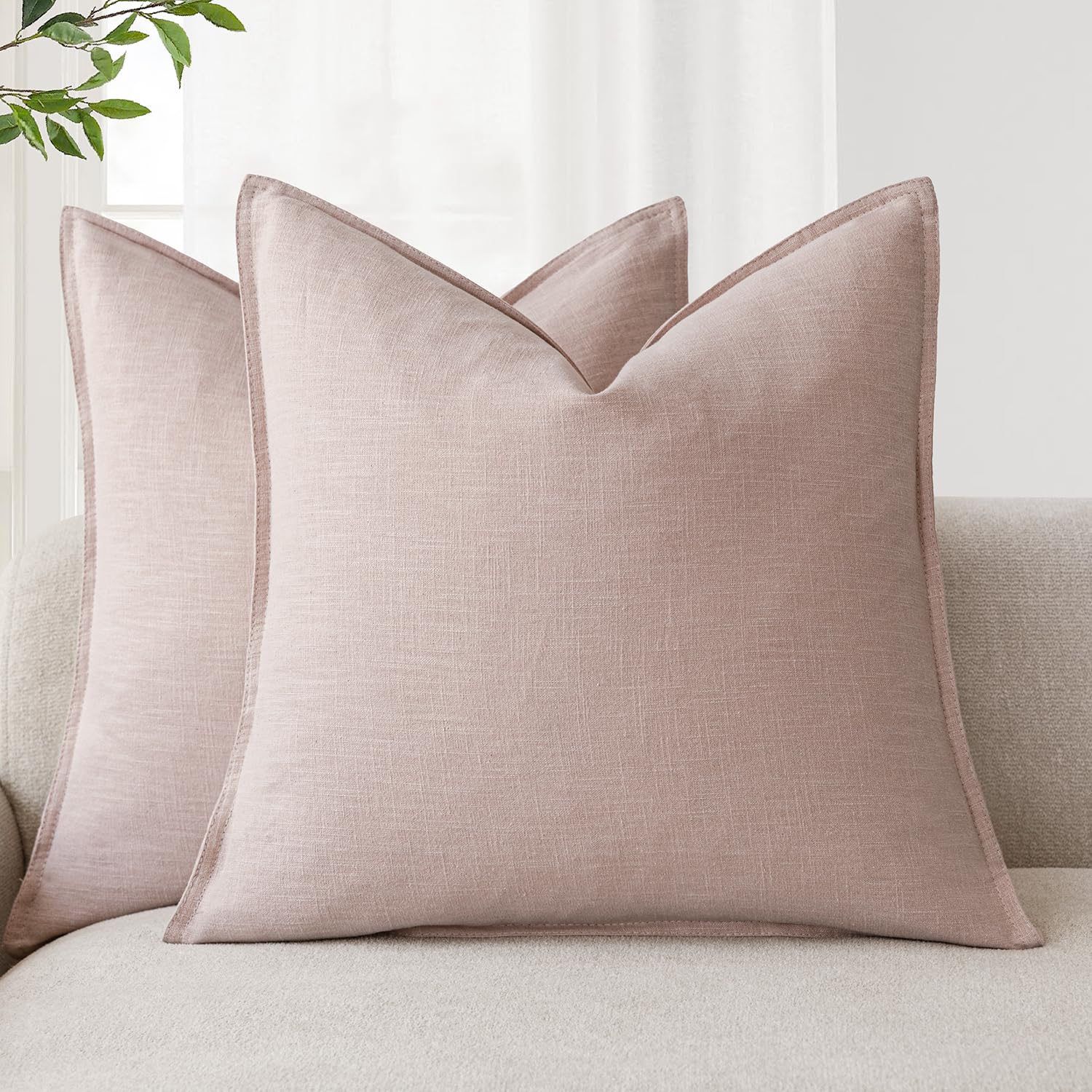 Foindtower Pack of 2, Decorative Linen Soild Throw Pillow Covers Soft Accent Cushion Case Boho Farmhouse Neutral Pillowcase for Couch Sofa Bedroom Living Room Home Decor 20 x 20 Inch Natural Beige