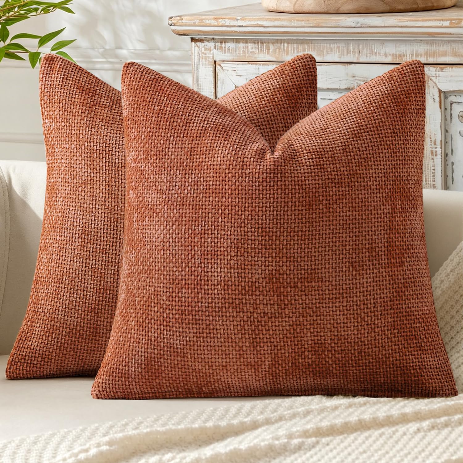 MIULEE Pack of 2 Couch Throw Pillow Covers 18x18 Inch Neutral Beige Modern Boho Accent Decorative Pillow Covers Soft Chenille Farmhouse Cushion Covers for Home Decor Bed Sofa Living Room