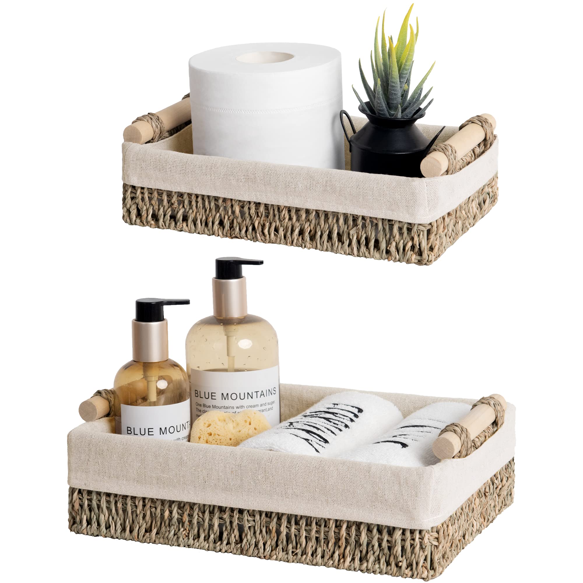 StorageWorks Small Baskets for Organizing, Wicker Bathroom Basket for Toilet Tank Top with Liner, Natural Water Hyacinth, Set of 2