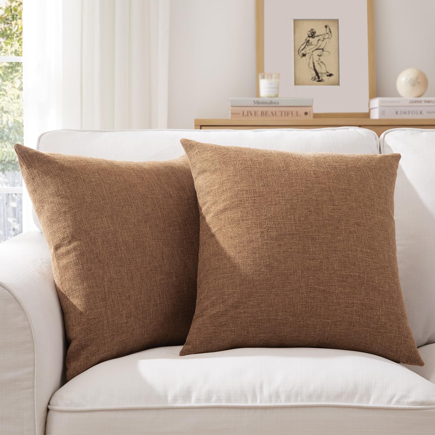 Meekio Set of 2 Ivory Throw Pillow Covers 18x18, Modern Farmhouse Linen Blend Decorative Pillow Covers for Couch Sofa Bed, Neutral Home Decor