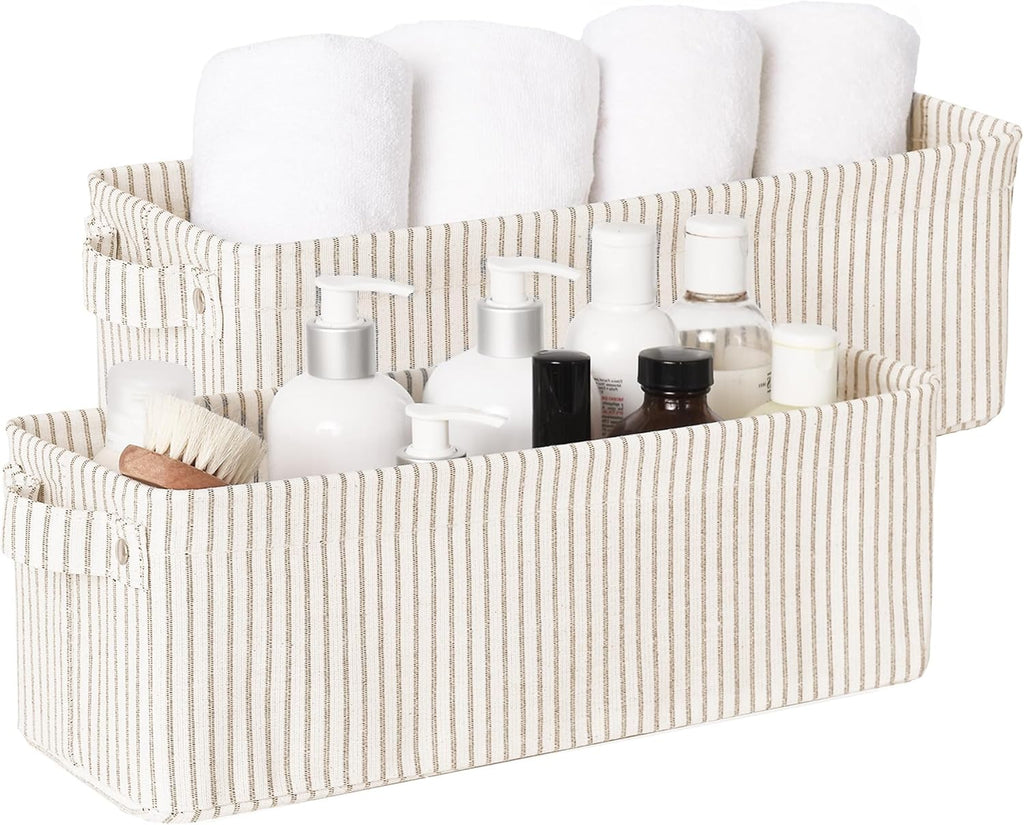 StorageWorks Narrow Storage Bins, Small Basket for Closet and Shelves, Fabric Organizer with Handles, Toilet Paper Storage, Khaki and Beige Stripes, 2-Pack