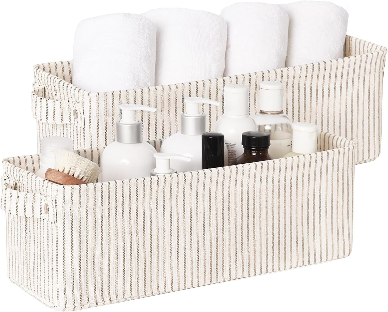 StorageWorks Narrow Storage Bins, Small Basket for Closet and Shelves, Fabric Organizer with Handles, Toilet Paper Storage, Khaki and Beige Stripes, 2-Pack