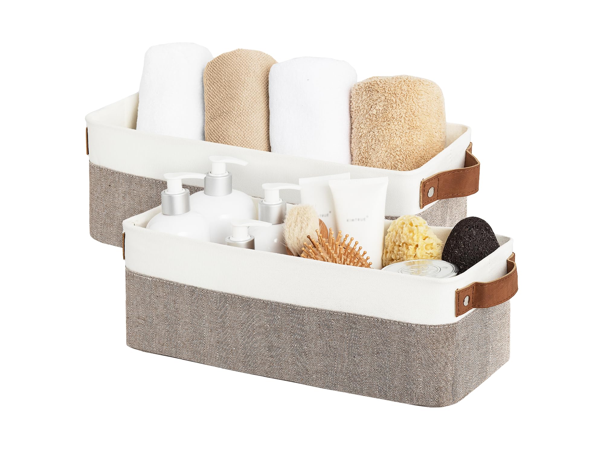StorageWorks Narrow Storage Bins, Small Basket for Closet and Shelves, Fabric Organizer with Handles, Toilet Paper Storage, Khaki and Beige Stripes, 2-Pack