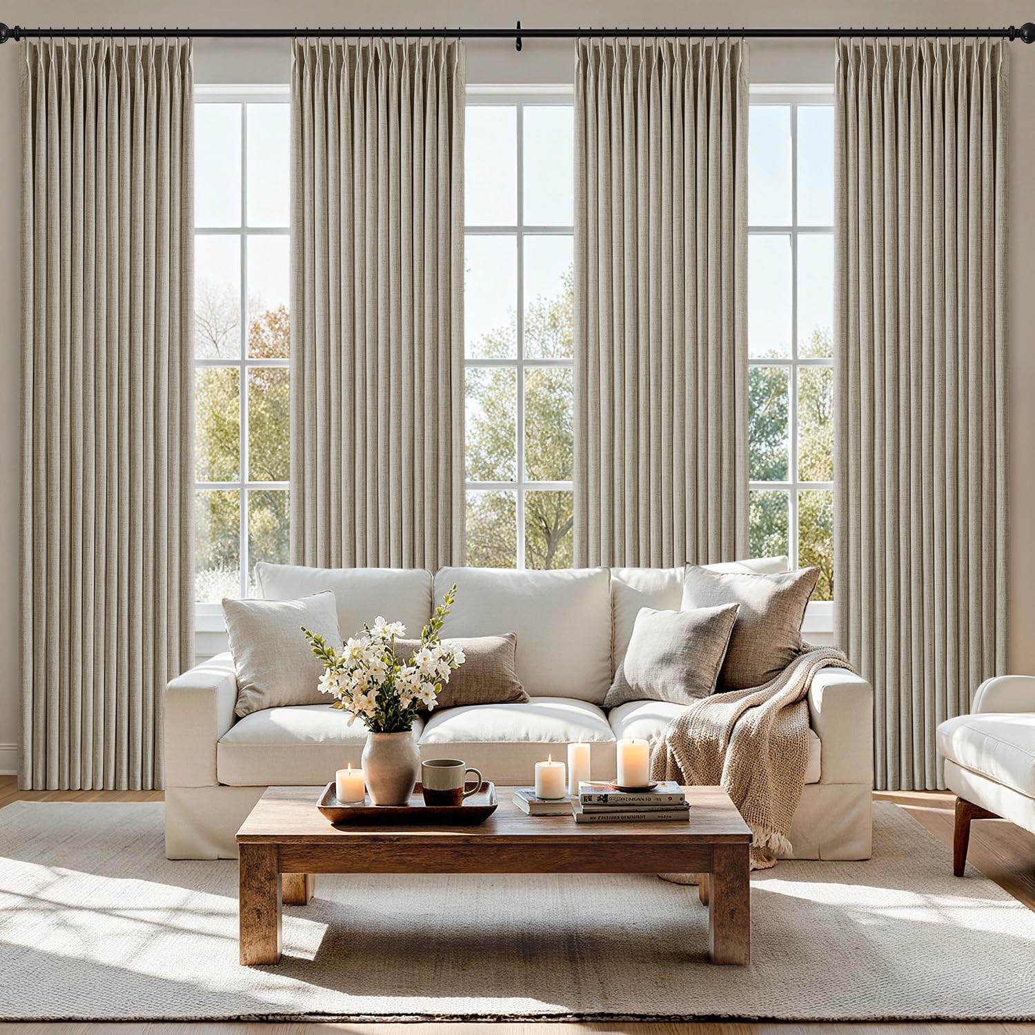 MIULEE Pinch Pleated Thick Linen Curtains 90 Inches 4 Panels Set Ivory Cream Back Tab Memory Trained Pinch Pleat Semi Sheer Light Filtering Privacy Curtains Window Drapes for Living Room Bedroom Birch