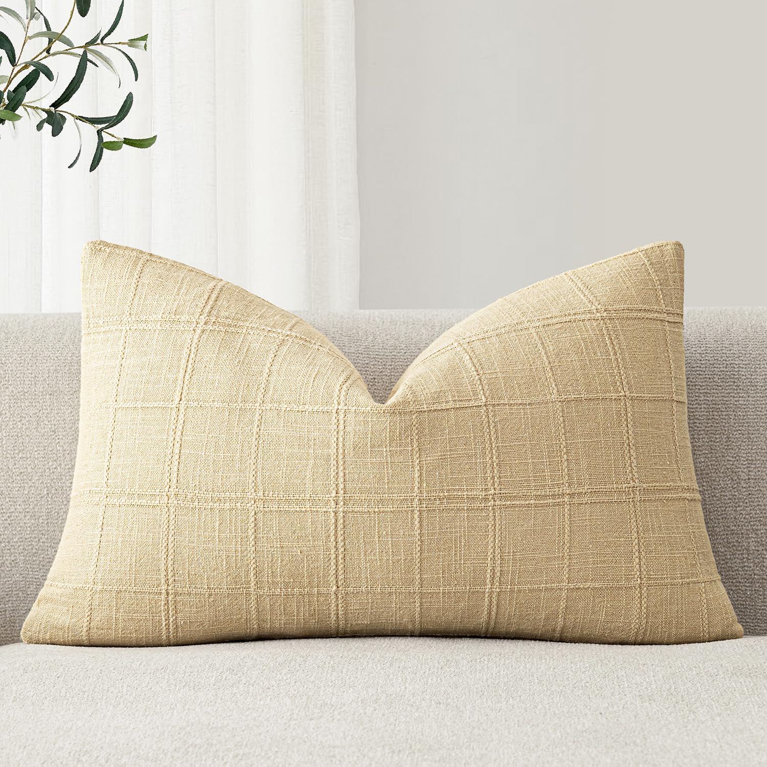 Foindtower Set of 1 Decorative Linen Check Throw Pillow Cover Neutral Farmhouse Lumbar Cushion Cover Modern Boho Home Decor for Sofa Chair Couch Bedroom Living Room,12×20 Inch,Natural Beige