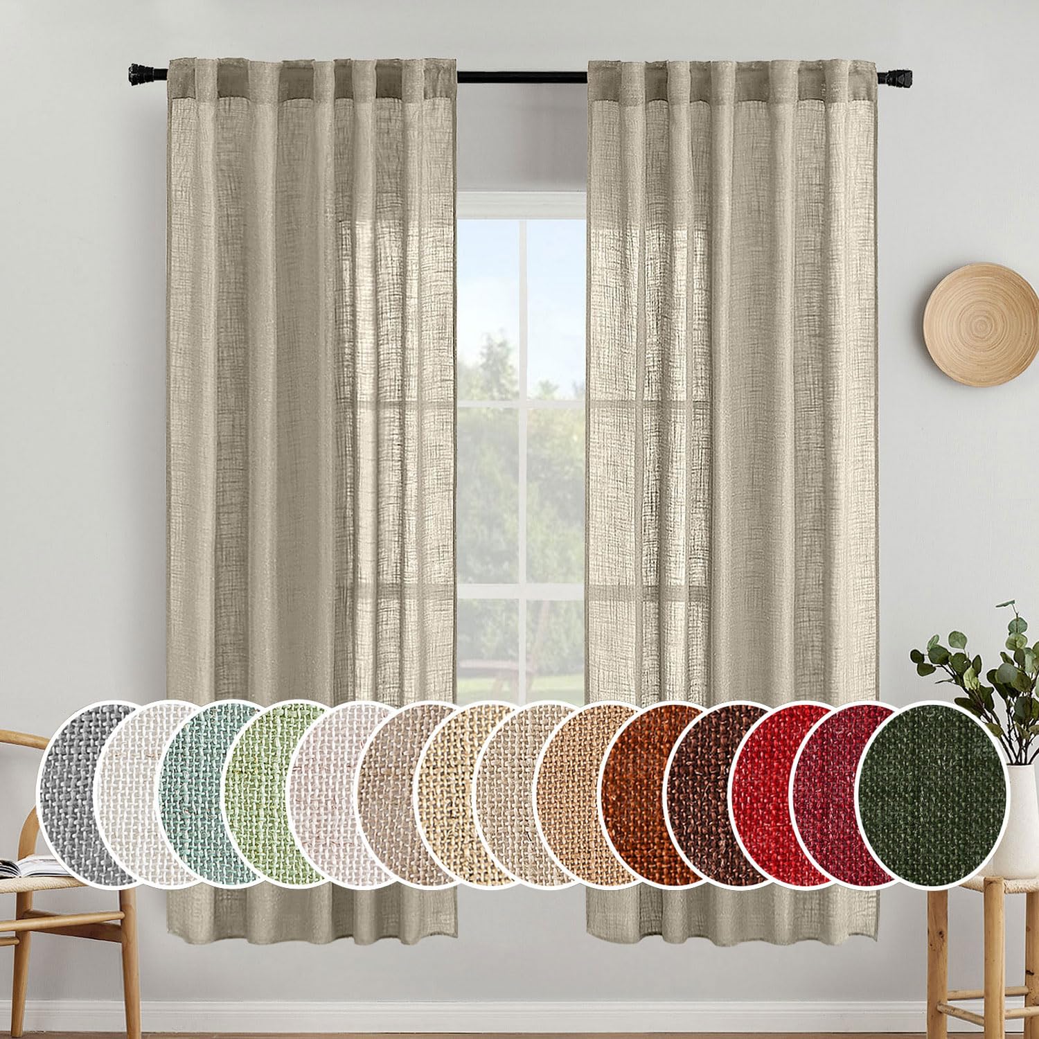 MIULEE Taupe Linen Curtains 84 Inch Length for Bedroom Living Room, Soft Thick Linen Textured Window Drapes Semi Sheer Light Filtering Back Tab Rod Pocket Burlap Look Farmhouse Country Decor, 2 Panels