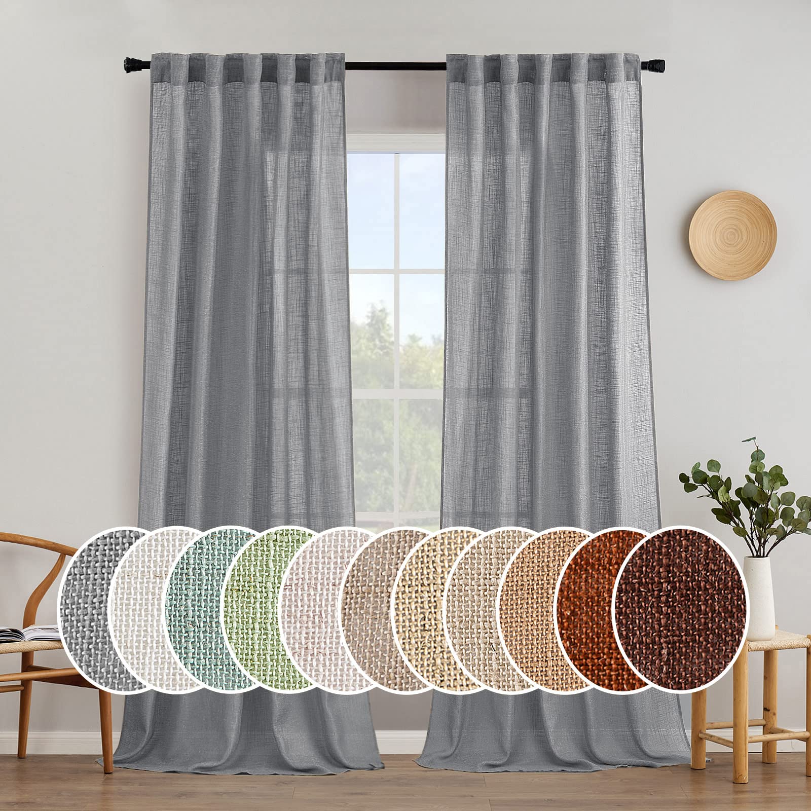 MIULEE Natural White Linen Curtains 84 Inch Long for Bedroom Living Room, Soft Thick Linen Textured Window Drapes Semi Sheer Light Filtering Rod Pocket Back Tab Neutral Farmhouse Cream Ivory 2 Panels