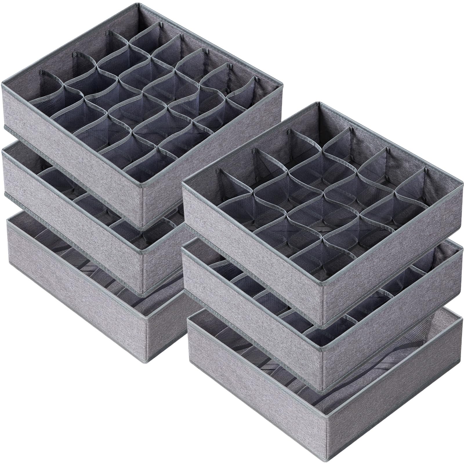 Criusia 3 Pack Sock Underwear Drawer Organizer Dividers, 64 Cell Fabric Foldable Dresser Organizer for Closet Organizers and Storage Boxes for Organizing Socks, Underwear, Ties (16+24+24 Cell, Gray)