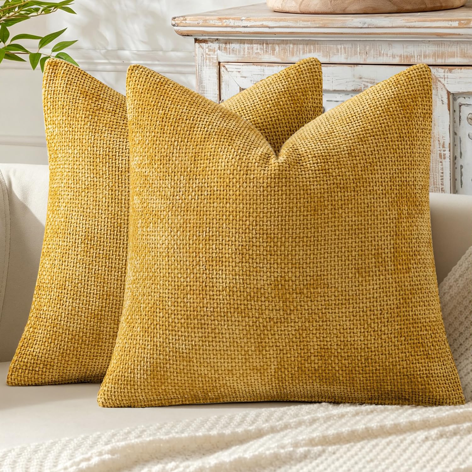 MIULEE Pack of 2 Couch Throw Pillow Covers 18x18 Inch Neutral Beige Modern Boho Accent Decorative Pillow Covers Soft Chenille Farmhouse Cushion Covers for Home Decor Bed Sofa Living Room