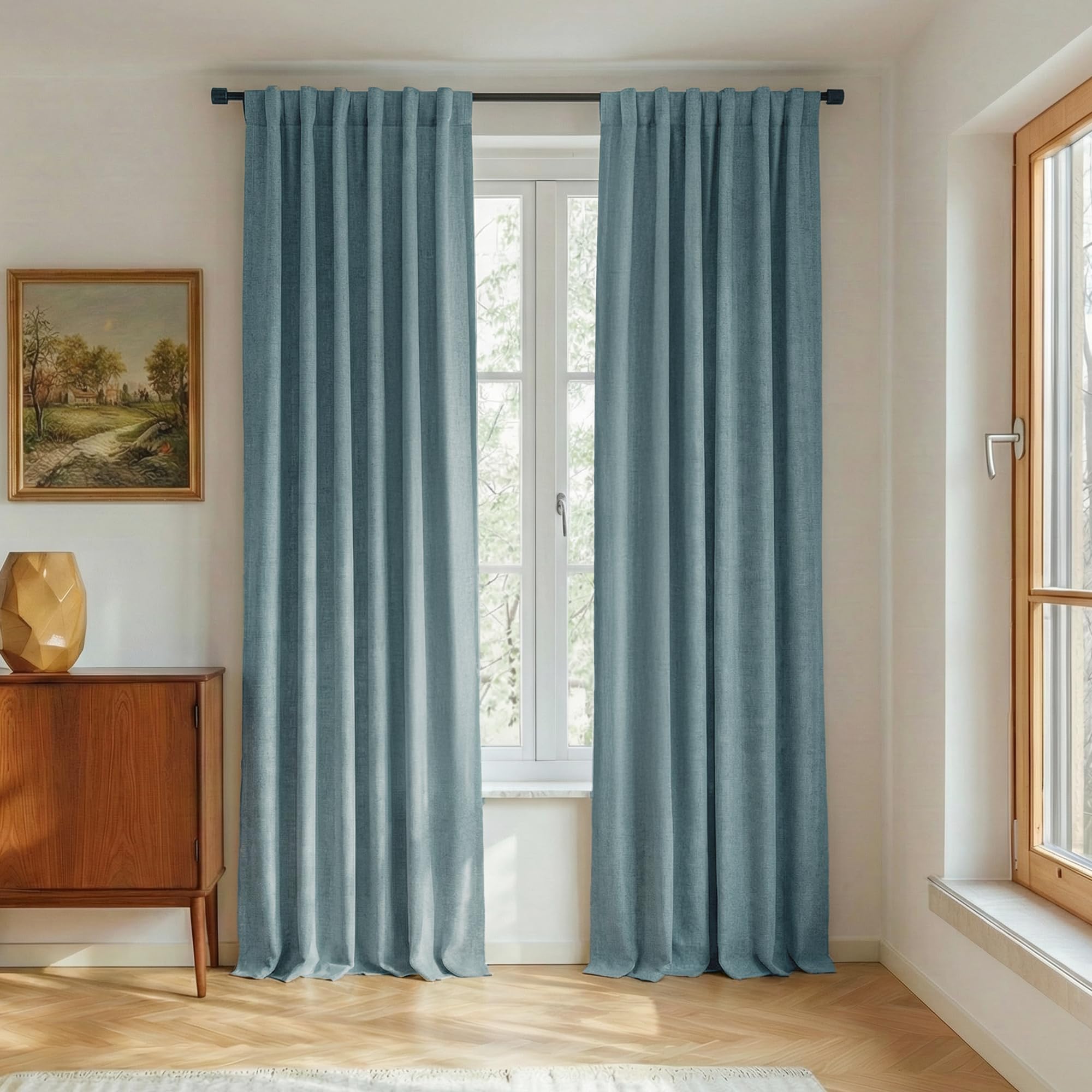 NICETOWN 100% Blackout Linen Curtains 90" Long for Bedroom, Thermal Insulated Living Room Curtains with Liner, Farmhouse Style Linen Blend Window Draperies for Dining Room (2 Panels, 52" W, Natural)