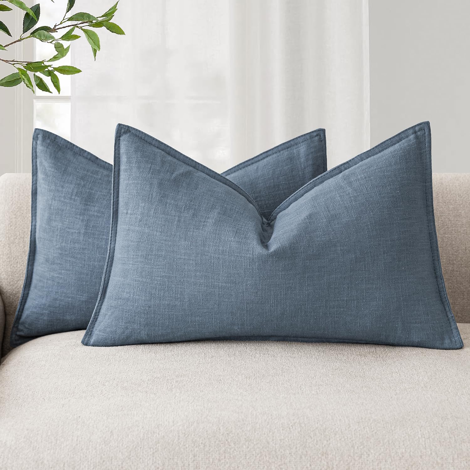 Foindtower Pack of 2, Decorative Linen Soild Throw Pillow Covers Soft Accent Cushion Case Boho Farmhouse Neutral Pillowcase for Couch Sofa Bedroom Living Room Home Decor 18 x 18 Inch Natural Beige