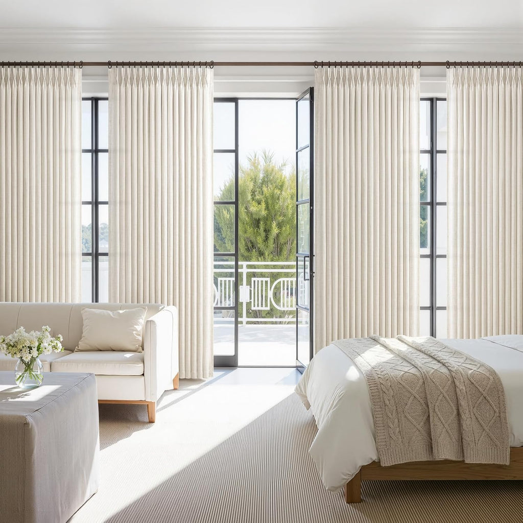 Pinch Pleated Linen 50 Inch Wide Curtains 96 Inches Long for Living Room, Memory Trained Pleat Boho Semi Sheer Birch Light Filtering Privacy Drapes 50x96 Inch Length 2 Panels Set Curtain Cream Ivory