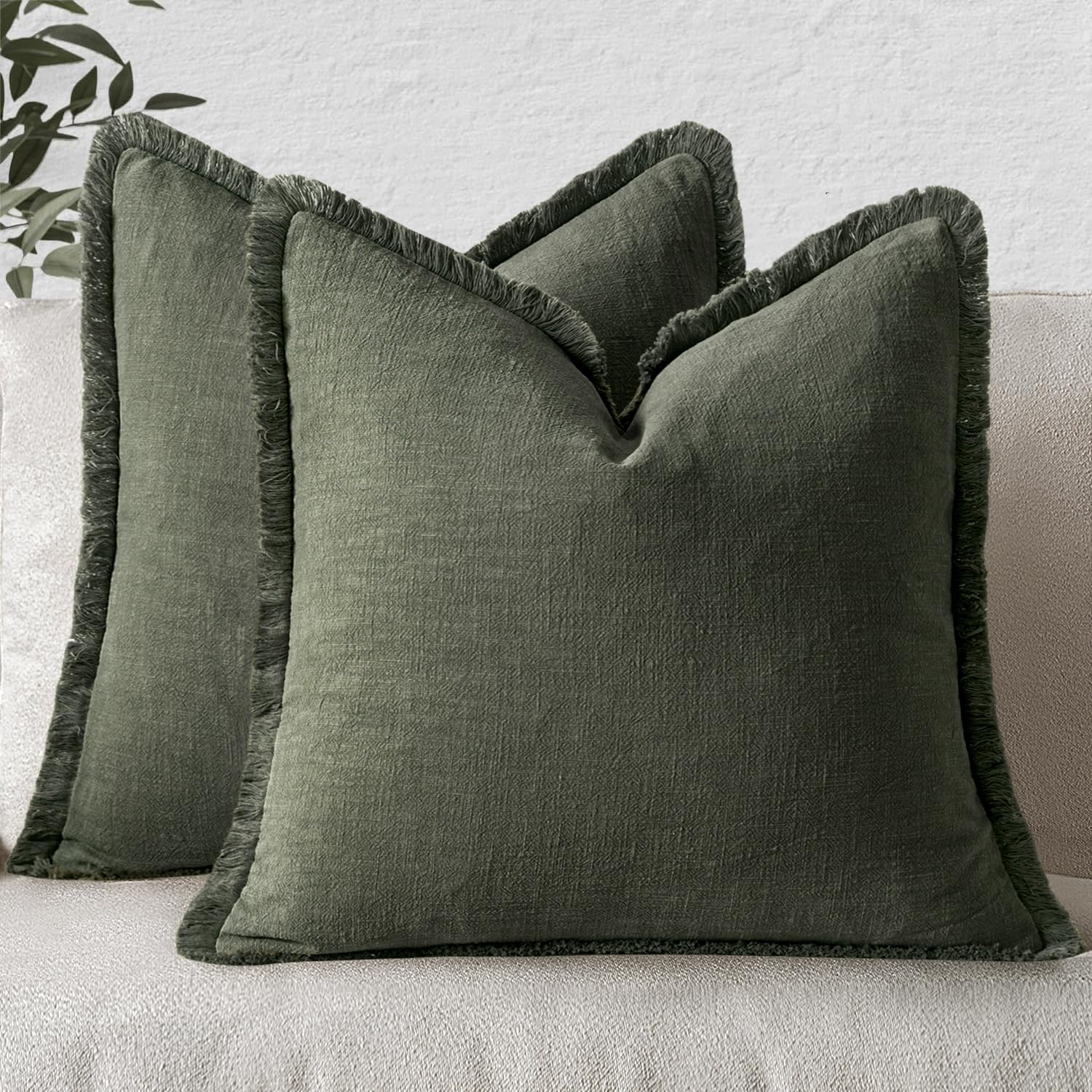 MIULEE Decorative Throw Pillow Covers Neutral Linen Fringe Throw Pillows Set of 2 Natural Beige Boho Farmhouse Cushion Cases with Tassels for Couch Sofa Bed Living Room Spring Decor 18x18 Inch