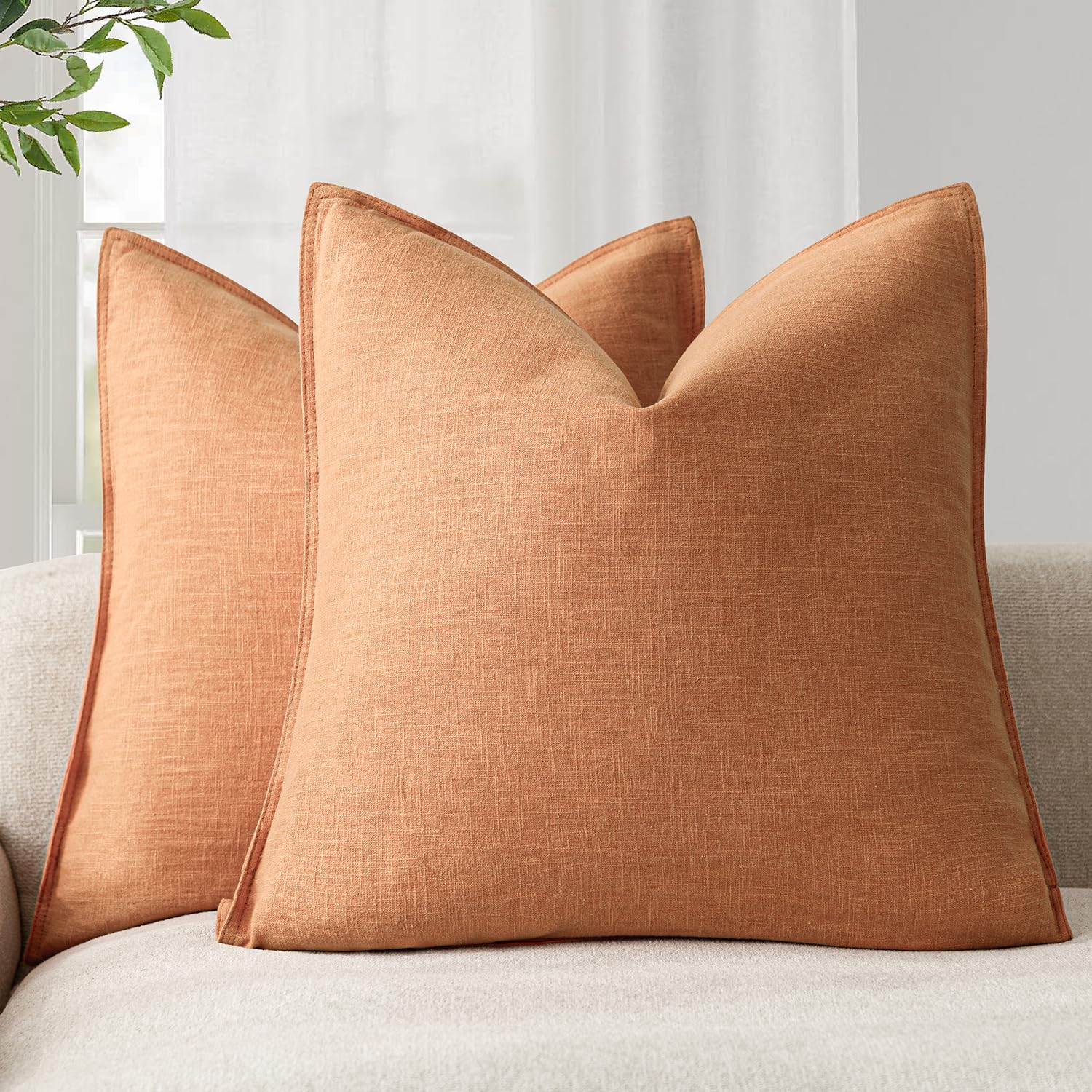Foindtower Pack of 2, Decorative Linen Soild Throw Pillow Covers Soft Accent Cushion Case Boho Farmhouse Neutral Pillowcase for Couch Sofa Bedroom Living Room Home Decor 18 x 18 Inch Natural Beige