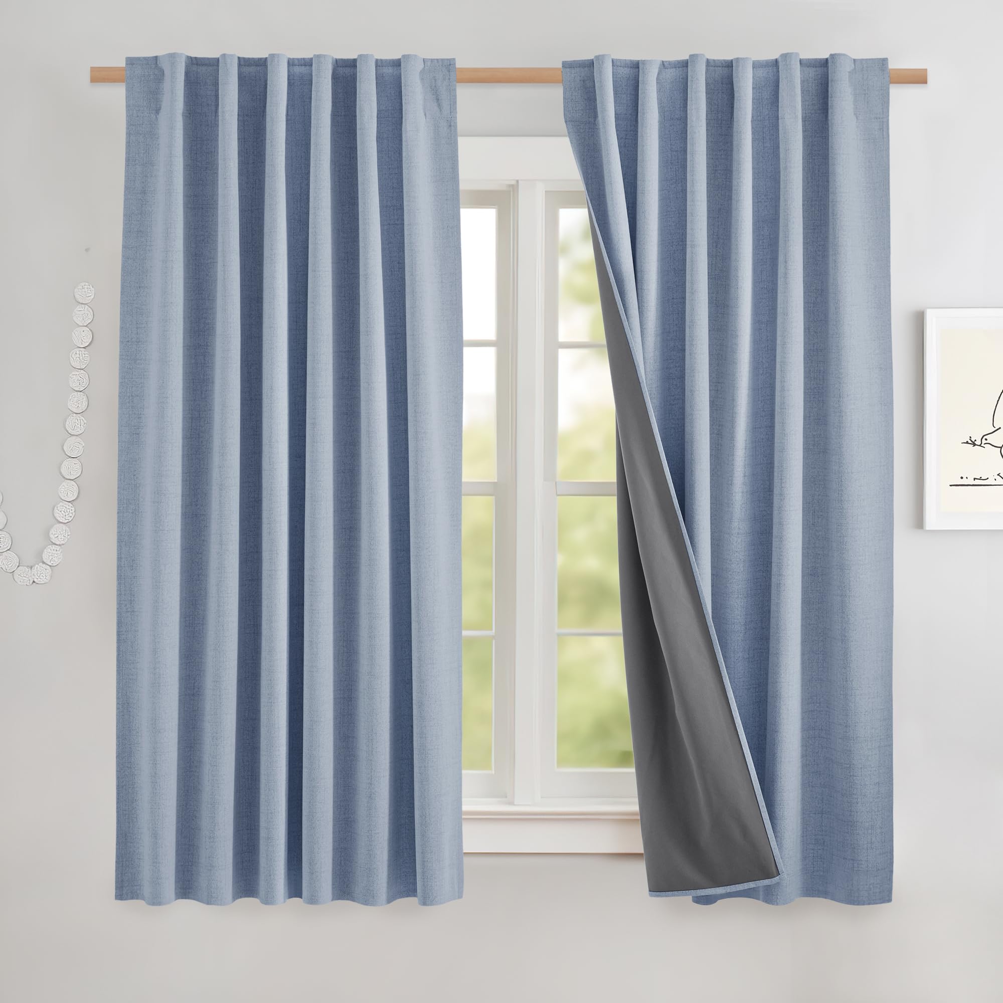 NICETOWN 100% Blackout Linen Curtains 90" Long for Bedroom, Thermal Insulated Living Room Curtains with Liner, Farmhouse Style Linen Blend Window Draperies for Dining Room (2 Panels, 52" W, Natural)