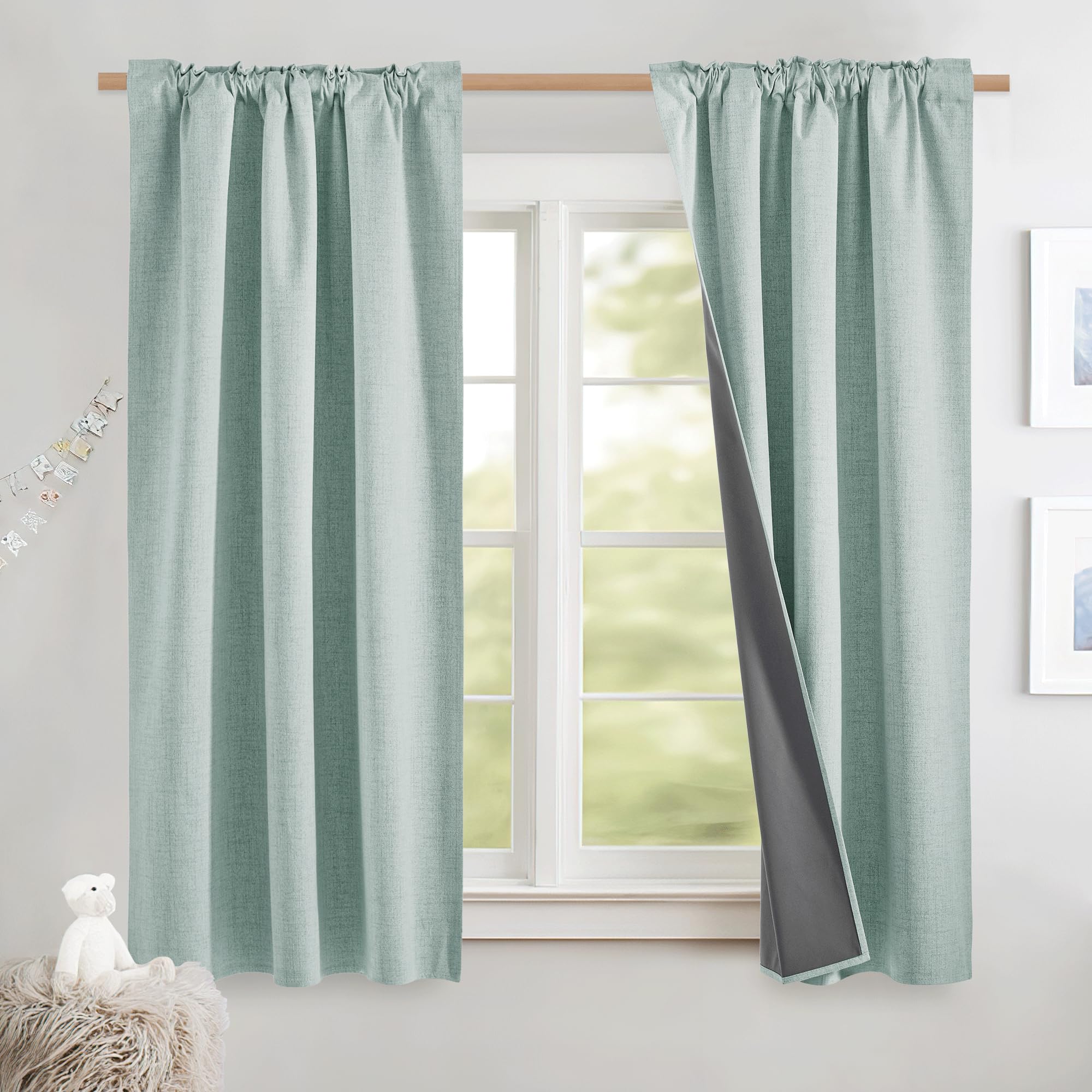 NICETOWN 100% Blackout Linen Curtains 90" Long for Bedroom, Thermal Insulated Living Room Curtains with Liner, Farmhouse Style Linen Blend Window Draperies for Dining Room (2 Panels, 52" W, Natural)