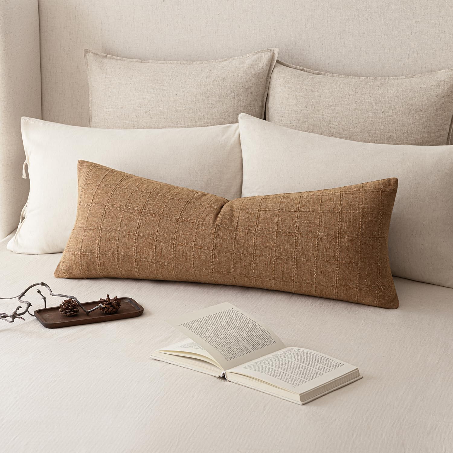 Foindtower Set of 1 Decorative Linen Check Throw Pillow Cover Neutral Farmhouse Lumbar Cushion Cover Modern Boho Home Decor for Sofa Chair Couch Bedroom Living Room,12×20 Inch,Natural Beige