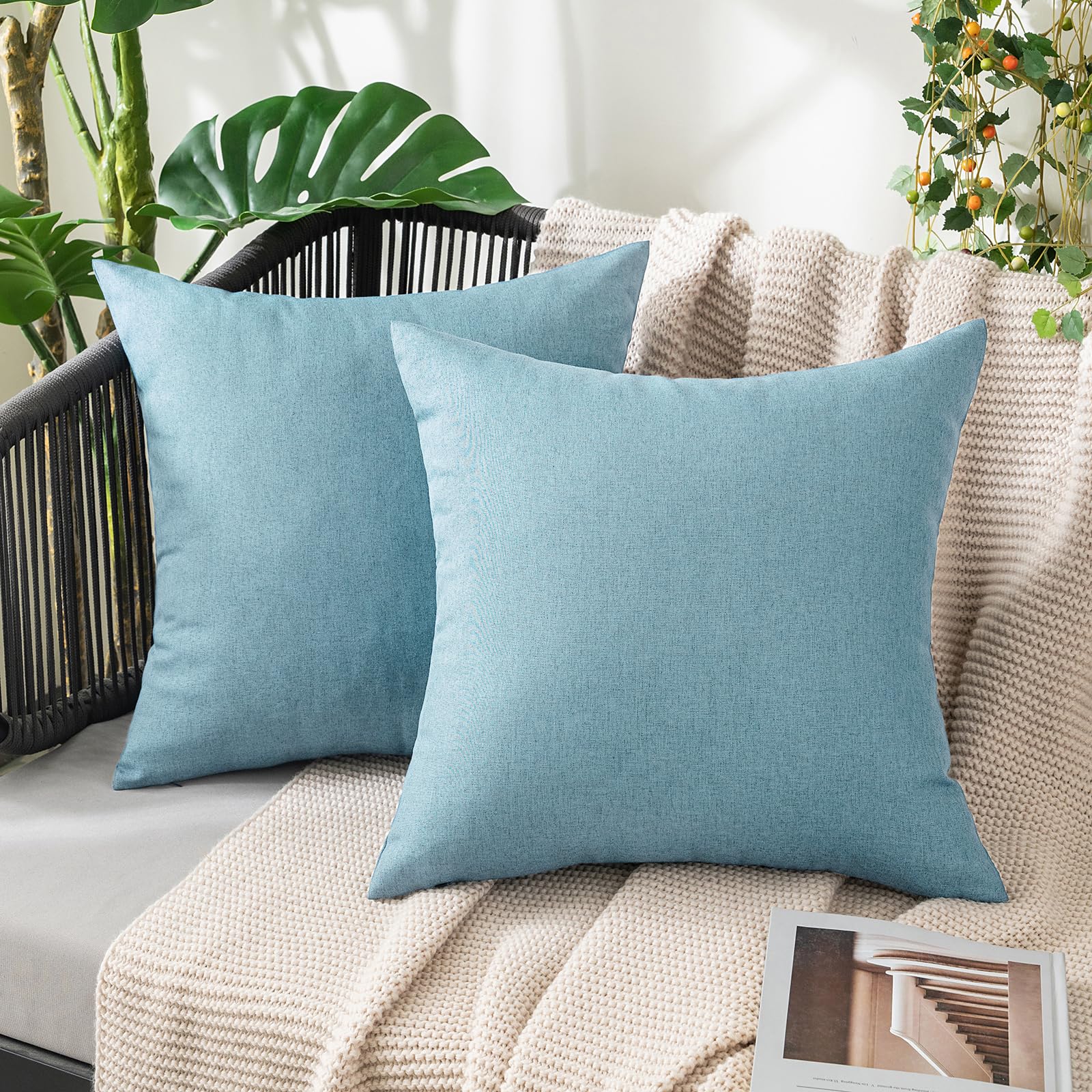 MIULEE Pack of 2 Decorative Outdoor Solid Waterproof Throw Pillow Covers Faux Linen Garden Farmhouse Cushion Cases for Patio Tent Balcony Couch Sofa 18x18 Inch Beige