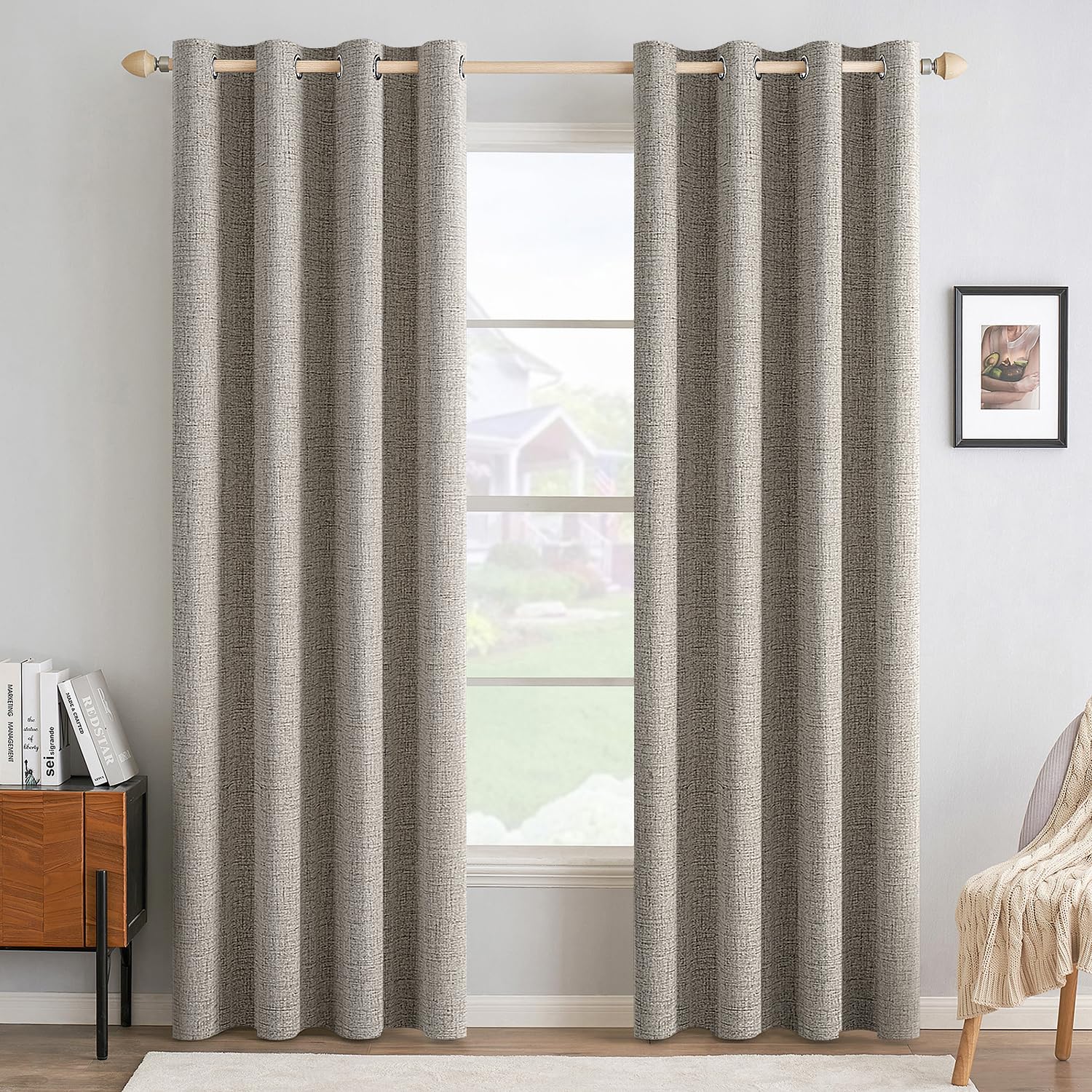 MIULEE 100% Blackout Linen Textured Curtains for Bedroom Solid Thermal Insulated Natural Beige Grommet Room Darkening Curtains & Drapes Luxury Decor for Living Room Nursery 52 x 84 Inch (2 Panels)