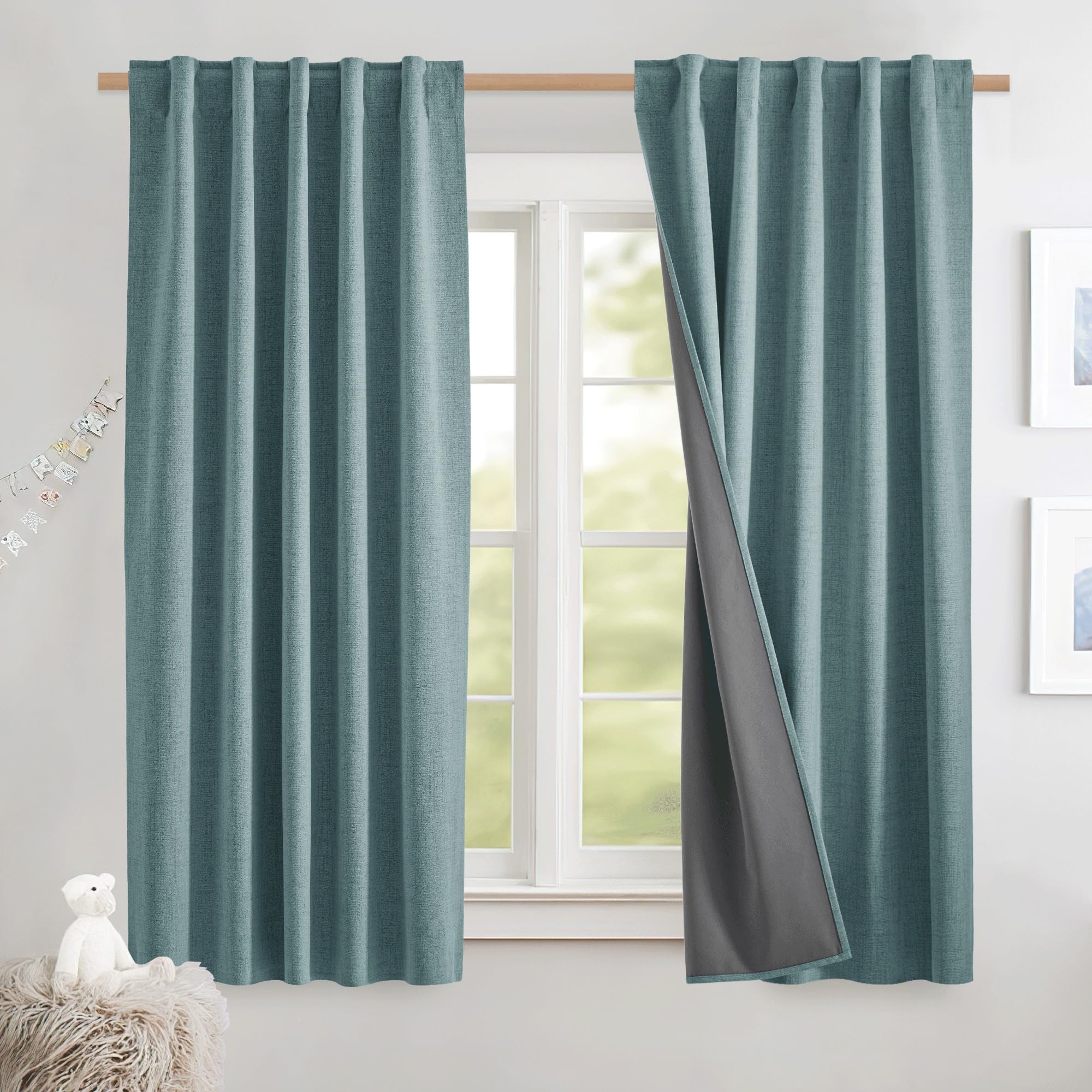 NICETOWN 100% Blackout Linen Curtains 90" Long for Bedroom, Thermal Insulated Living Room Curtains with Liner, Farmhouse Style Linen Blend Window Draperies for Dining Room (2 Panels, 52" W, Natural)