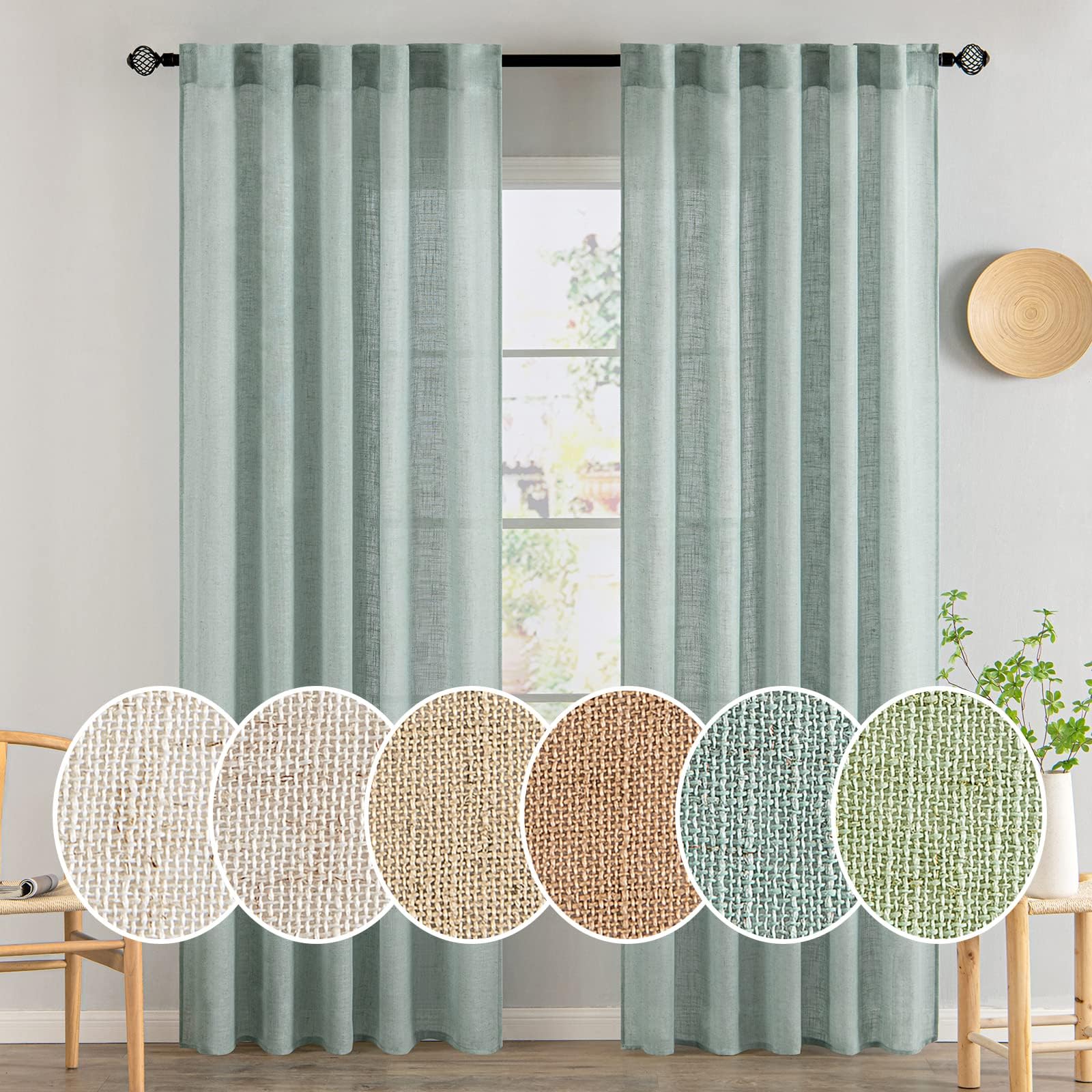 MIULEE Natural White Linen Curtains 84 Inch Long for Bedroom Living Room, Soft Thick Linen Textured Window Drapes Semi Sheer Light Filtering Rod Pocket Back Tab Neutral Farmhouse Cream Ivory 2 Panels
