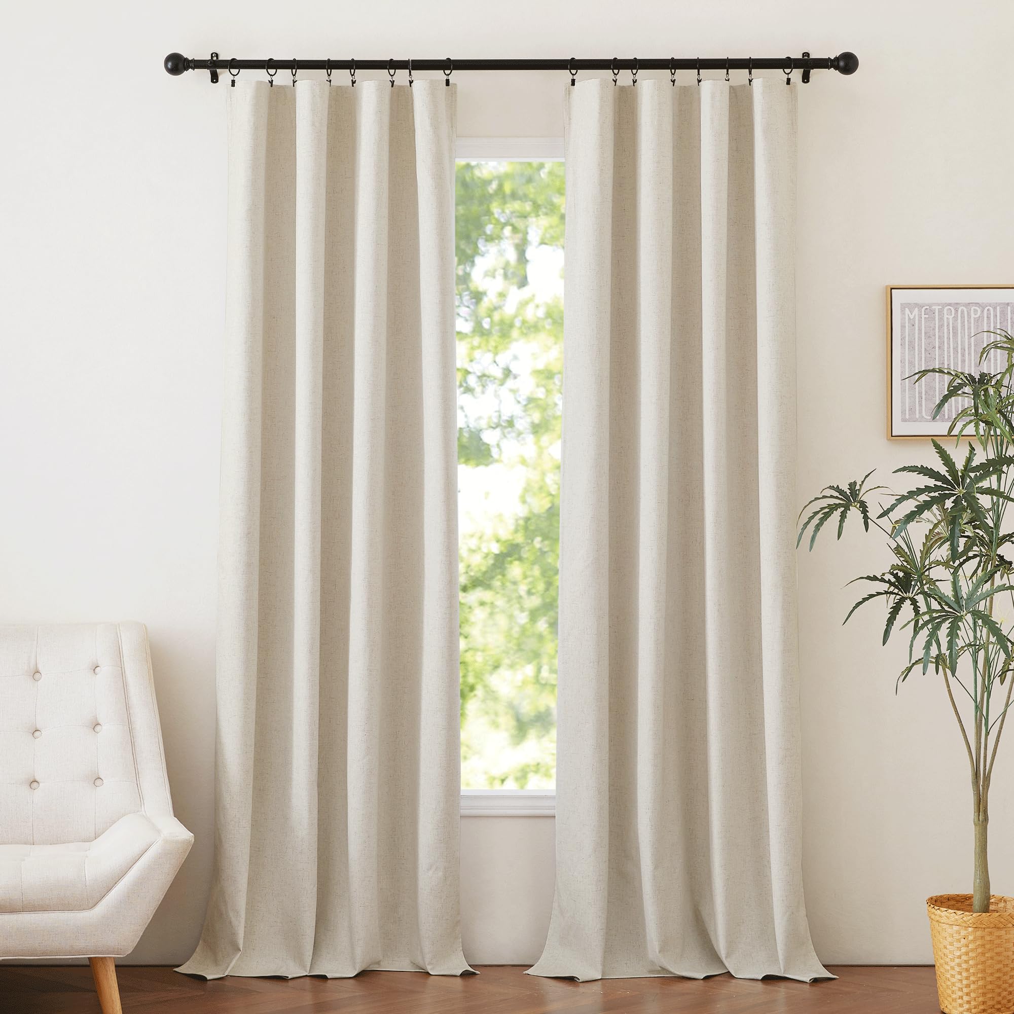 NICETOWN 100% Blackout Linen Curtains 90" Long for Bedroom, Thermal Insulated Living Room Curtains with Liner, Farmhouse Style Linen Blend Window Draperies for Dining Room (2 Panels, 52" W, Natural)