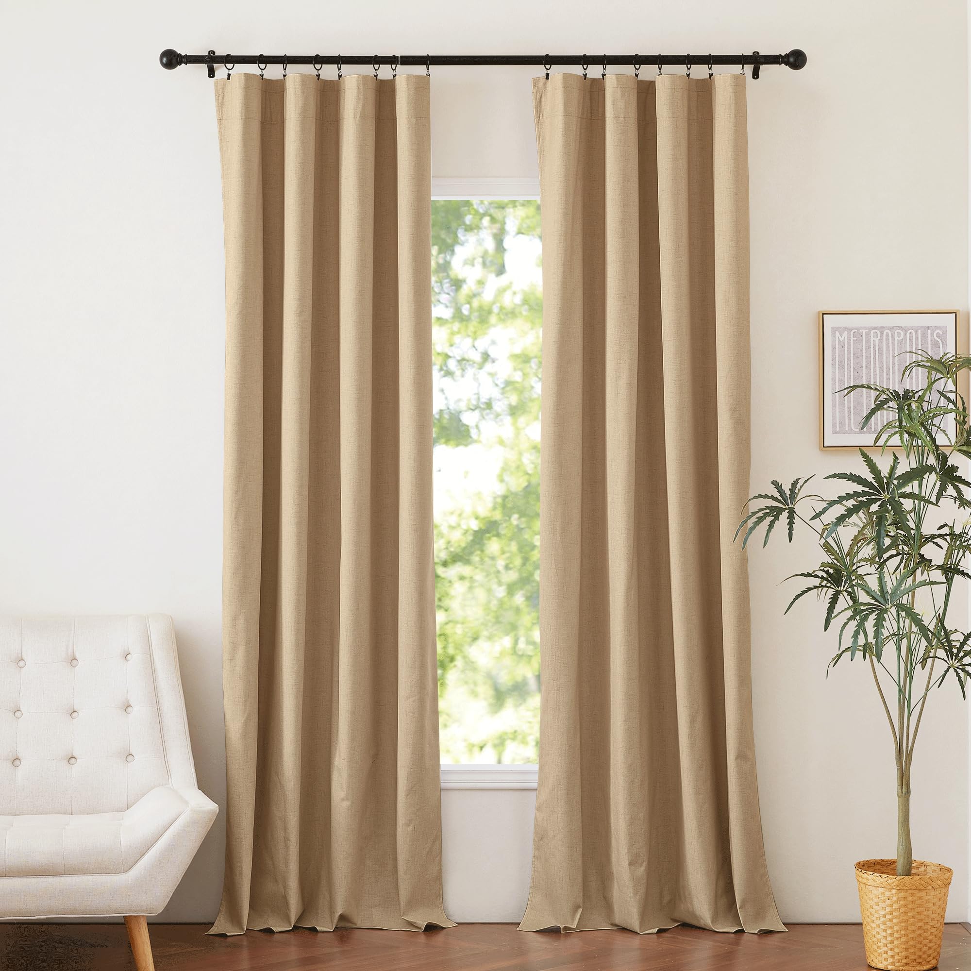 NICETOWN 100% Blackout Linen Curtains 90" Long for Bedroom, Thermal Insulated Living Room Curtains with Liner, Farmhouse Style Linen Blend Window Draperies for Dining Room (2 Panels, 52" W, Natural)