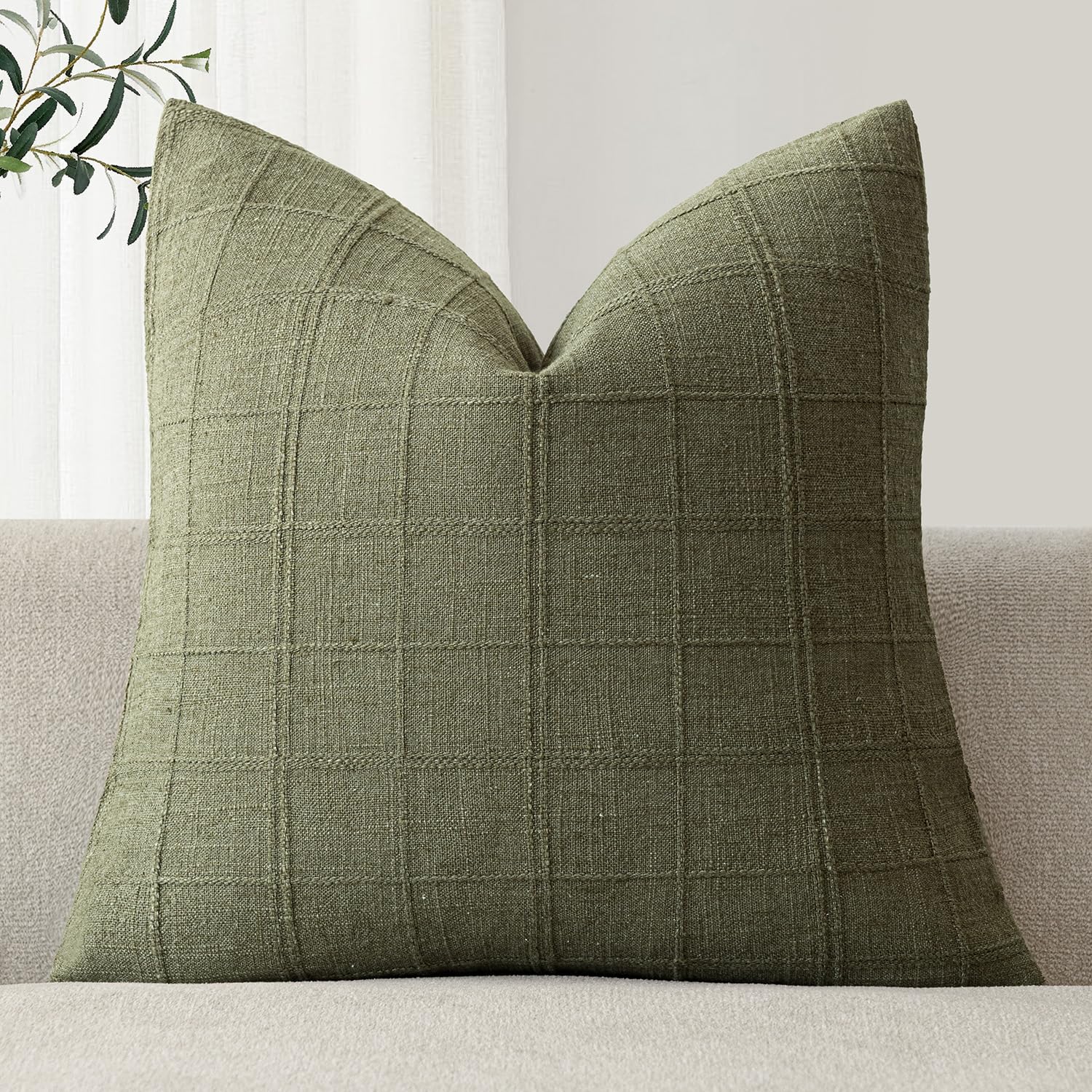 Foindtower Set of 1 Decorative Linen Check Throw Pillow Cover Neutral Farmhouse Lumbar Cushion Cover Modern Boho Home Decor for Sofa Chair Couch Bedroom Living Room,12×20 Inch,Natural Beige