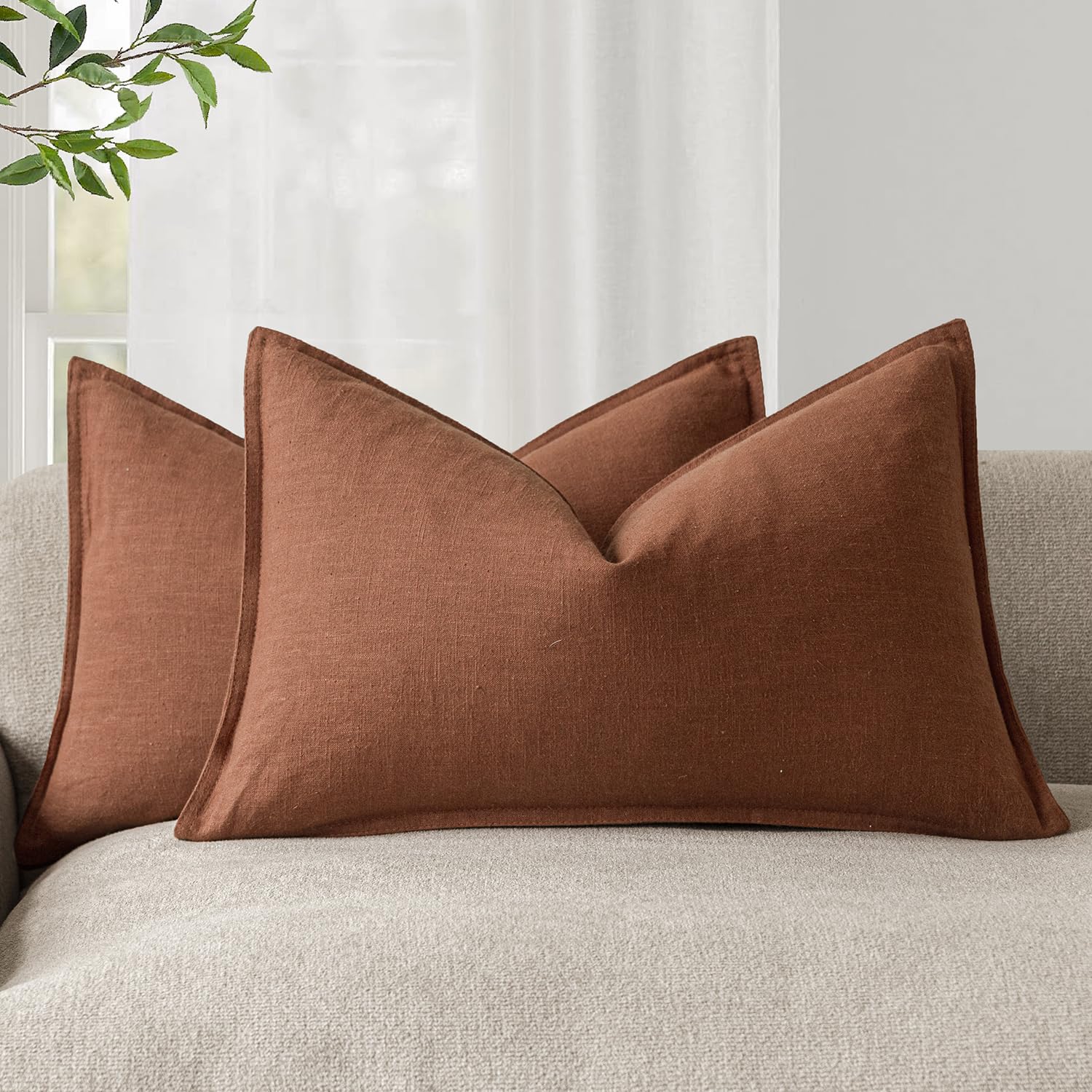 Foindtower Pack of 2, Decorative Linen Soild Throw Pillow Covers Soft Accent Cushion Case Boho Farmhouse Neutral Pillowcase for Couch Sofa Bedroom Living Room Home Decor 20 x 20 Inch Natural Beige