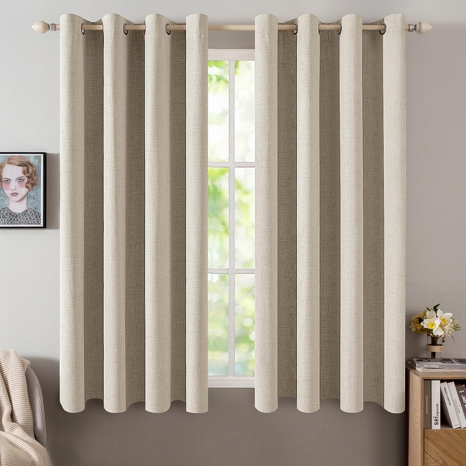 MIULEE 100% Blackout Linen Textured Curtains for Bedroom Solid Thermal Insulated Natural Beige Grommet Room Darkening Curtains & Drapes Luxury Decor for Living Room Nursery 52 x 84 Inch (2 Panels)