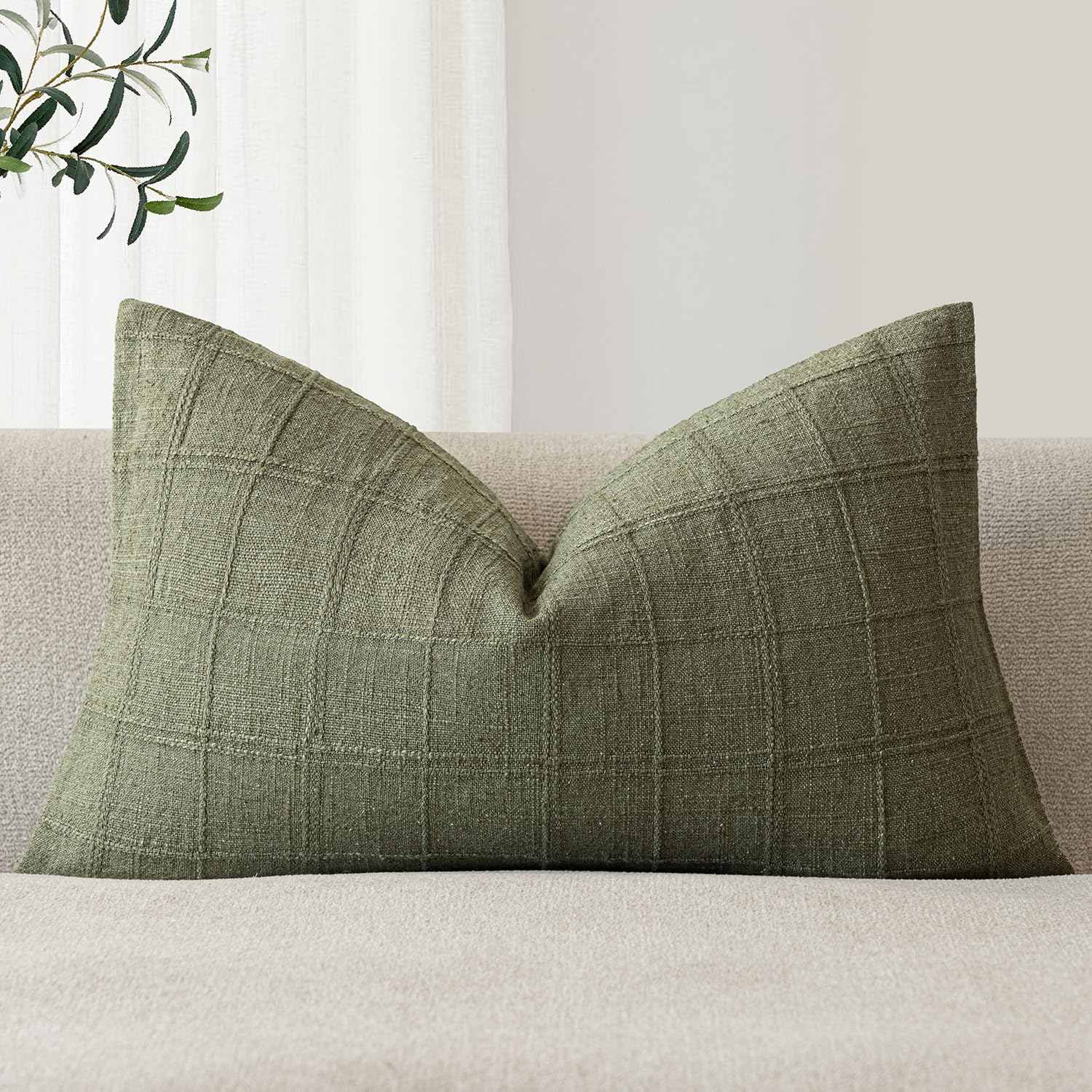 Foindtower Set of 1 Decorative Linen Check Throw Pillow Cover Neutral Farmhouse Lumbar Cushion Cover Modern Boho Home Decor for Sofa Chair Couch Bedroom Living Room,12×20 Inch,Natural Beige