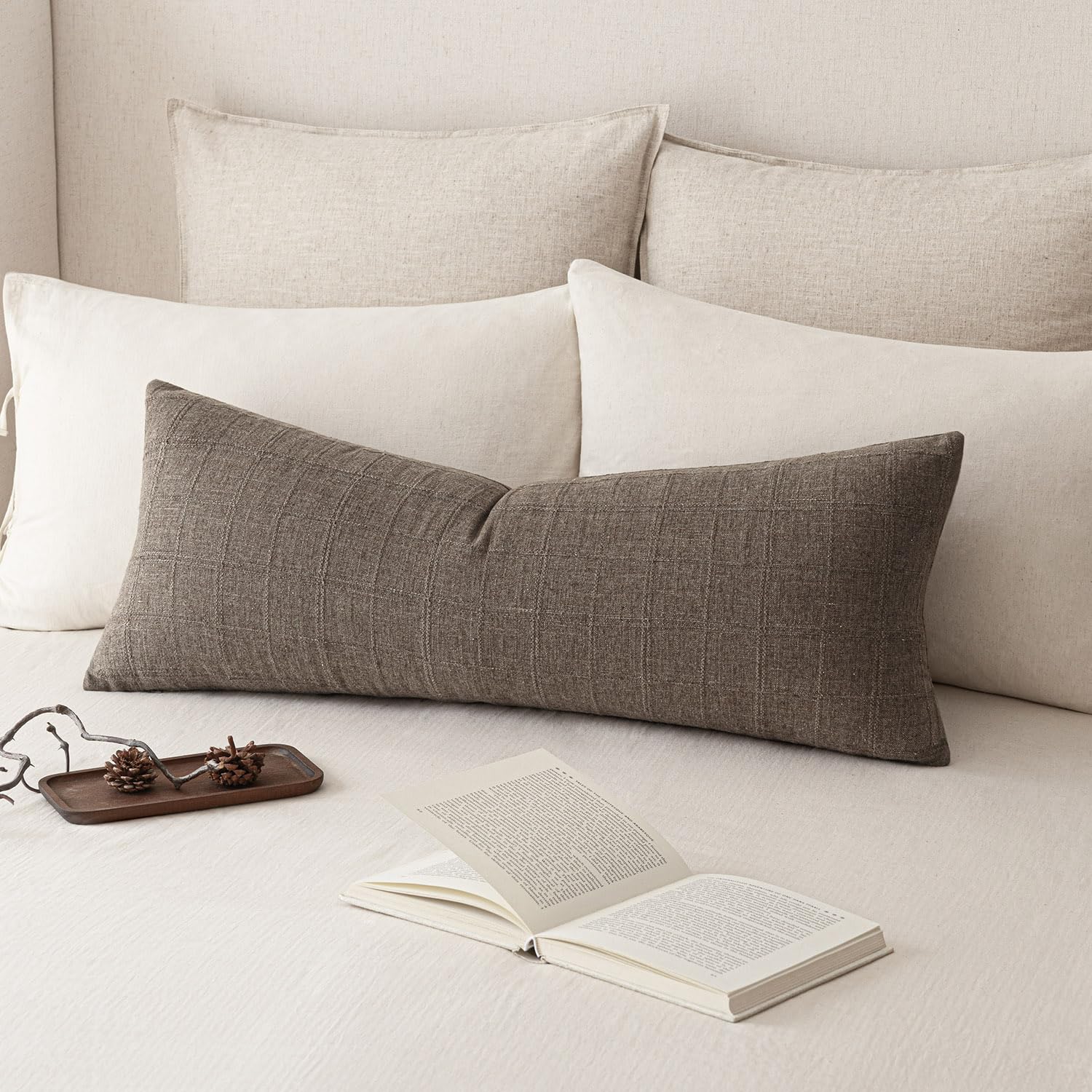 Foindtower Set of 1 Decorative Linen Check Throw Pillow Cover Neutral Farmhouse Lumbar Cushion Cover Modern Boho Home Decor for Sofa Chair Couch Bedroom Living Room,12×20 Inch,Natural Beige