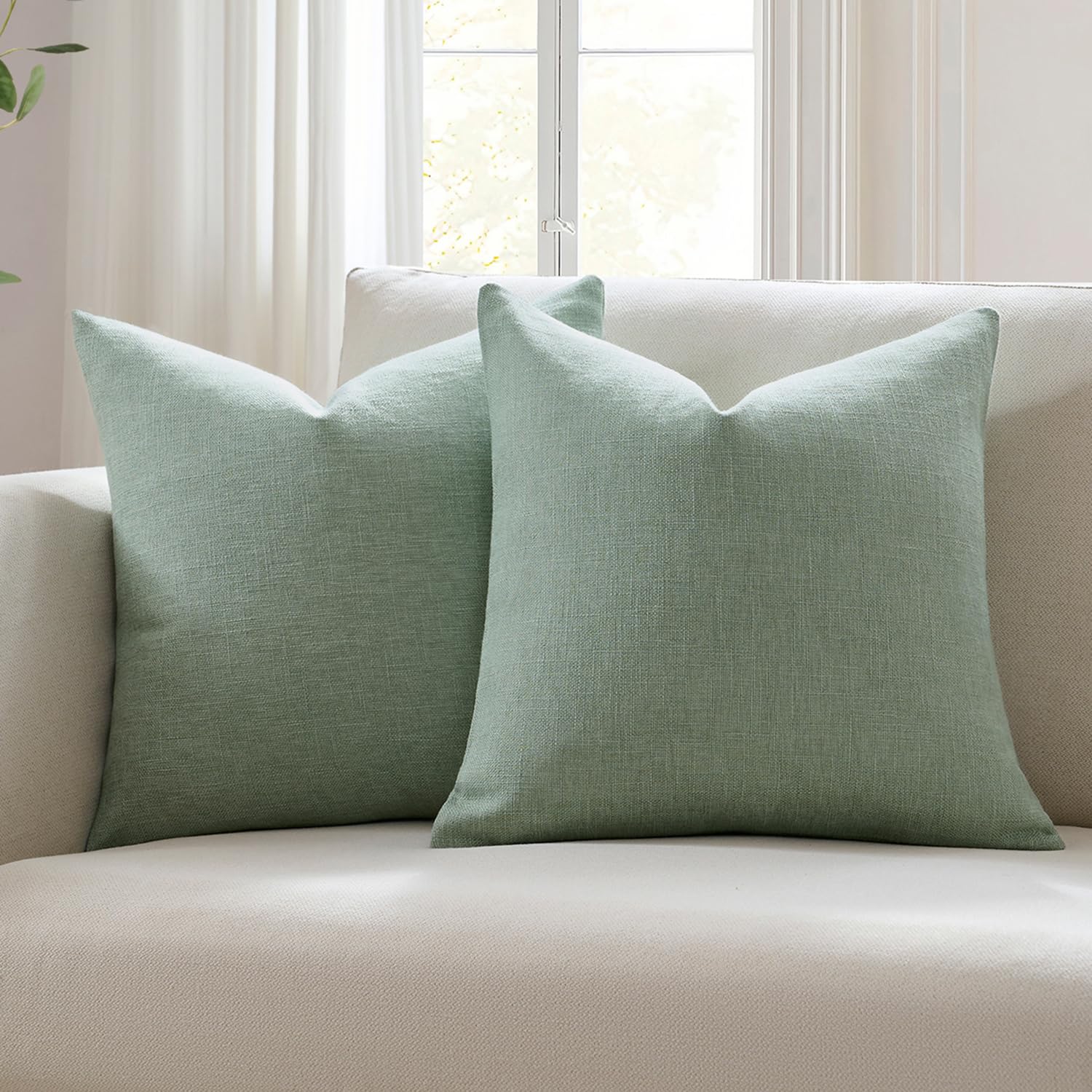 Meekio Set of 2 Ivory Throw Pillow Covers 18x18, Modern Farmhouse Linen Blend Decorative Pillow Covers for Couch Sofa Bed, Neutral Home Decor