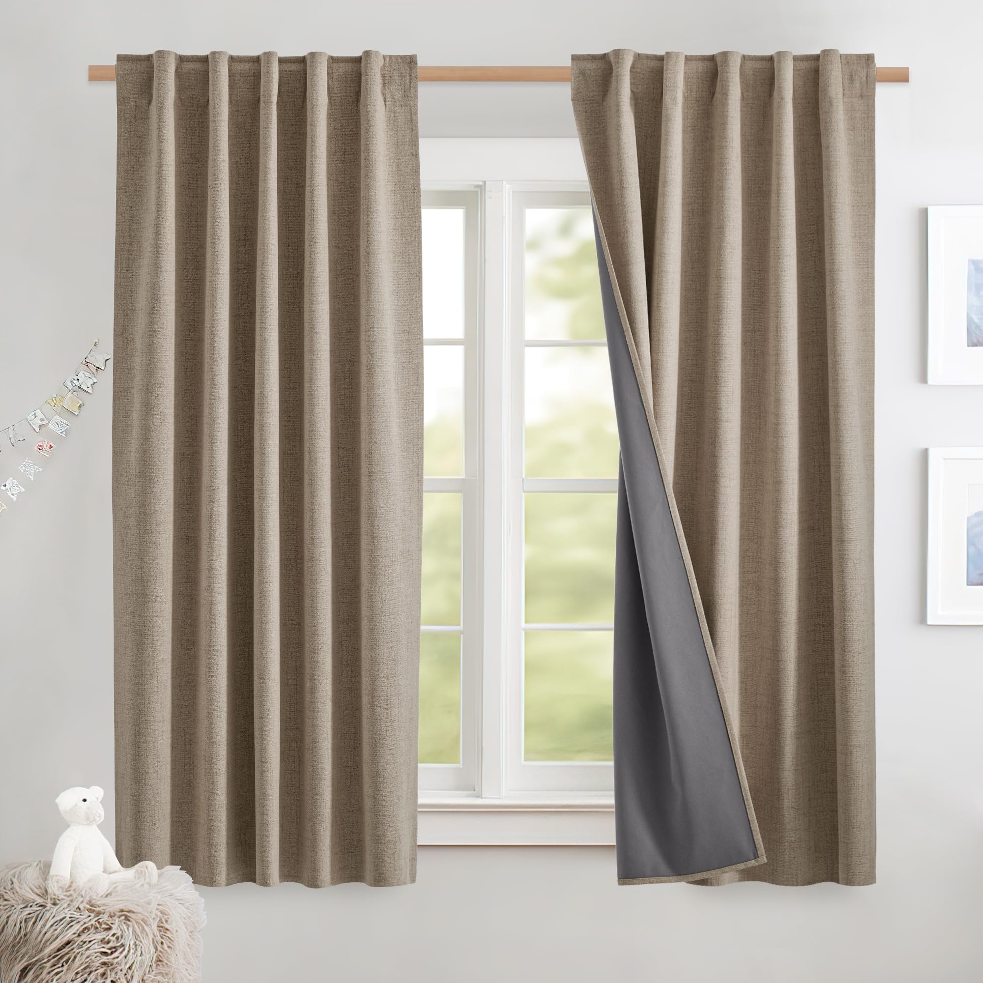 NICETOWN 100% Blackout Linen Curtains 90" Long for Bedroom, Thermal Insulated Living Room Curtains with Liner, Farmhouse Style Linen Blend Window Draperies for Dining Room (2 Panels, 52" W, Natural)