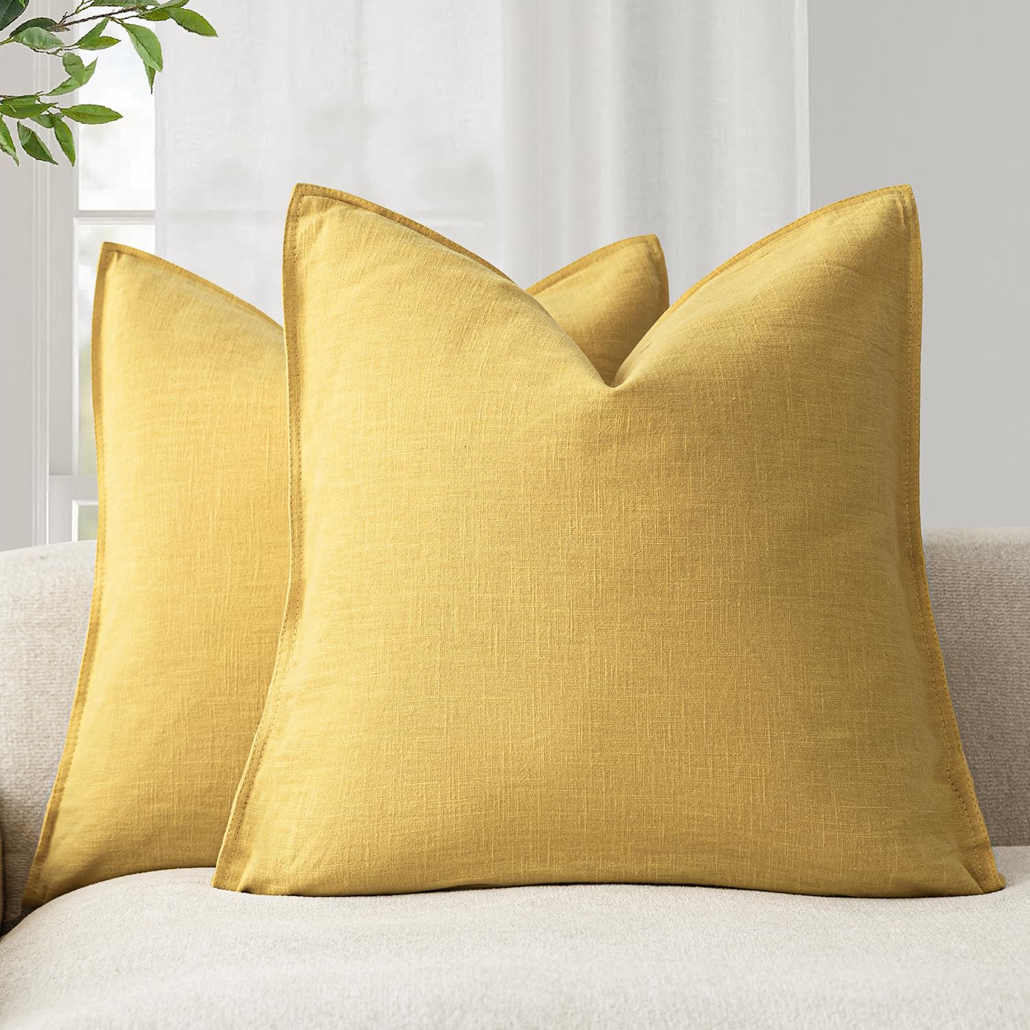Foindtower Pack of 2, Decorative Linen Soild Throw Pillow Covers Soft Accent Cushion Case Boho Farmhouse Neutral Pillowcase for Couch Sofa Bedroom Living Room Home Decor 18 x 18 Inch Natural Beige