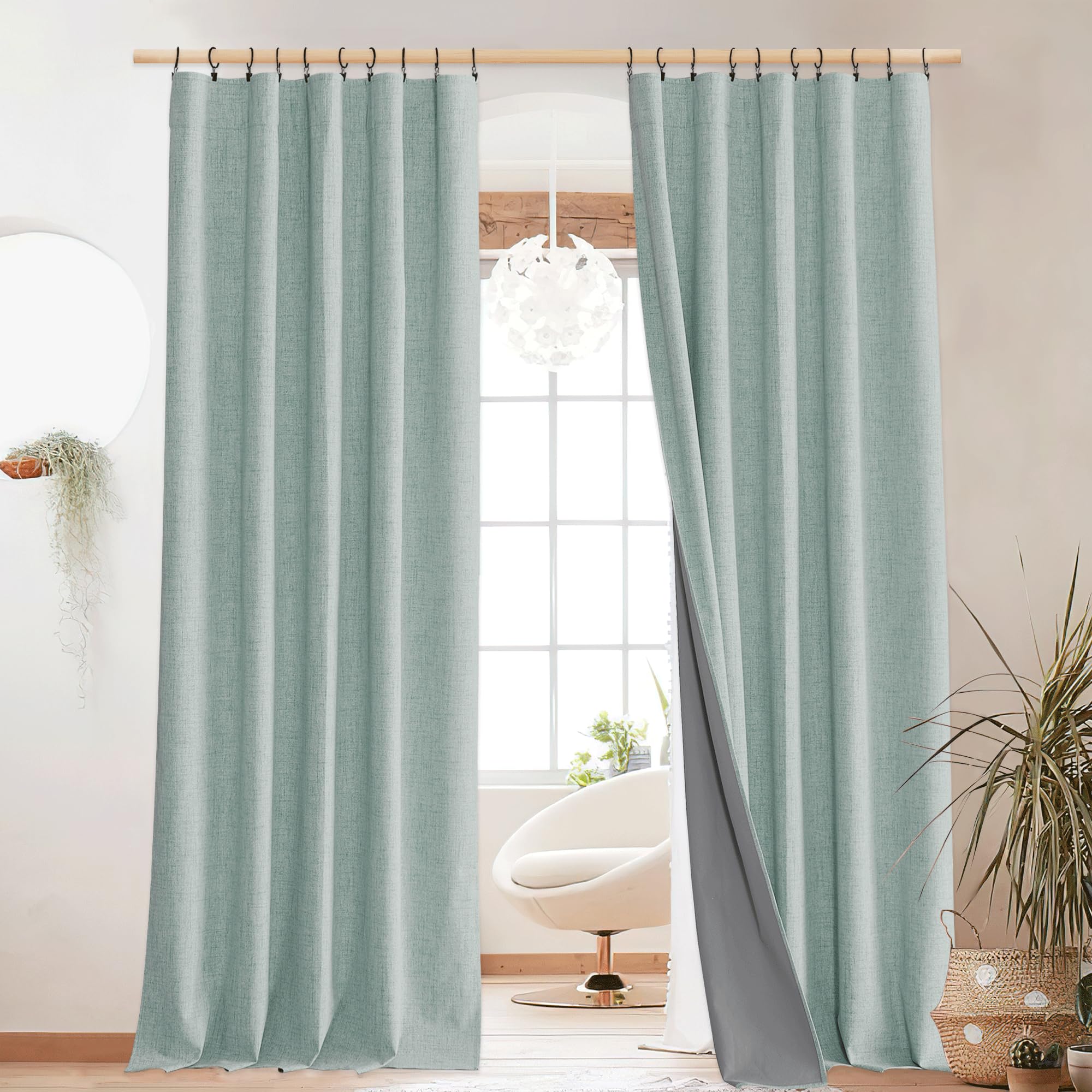 NICETOWN 100% Blackout Linen Curtains 90" Long for Bedroom, Thermal Insulated Living Room Curtains with Liner, Farmhouse Style Linen Blend Window Draperies for Dining Room (2 Panels, 52" W, Natural)