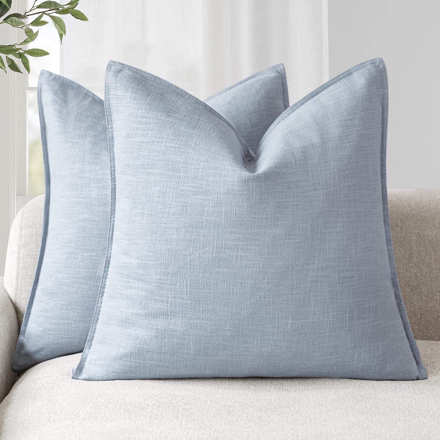 Foindtower Pack of 2, Decorative Linen Soild Throw Pillow Covers Soft Accent Cushion Case Boho Farmhouse Neutral Pillowcase for Couch Sofa Bedroom Living Room Home Decor 18 x 18 Inch Natural Beige
