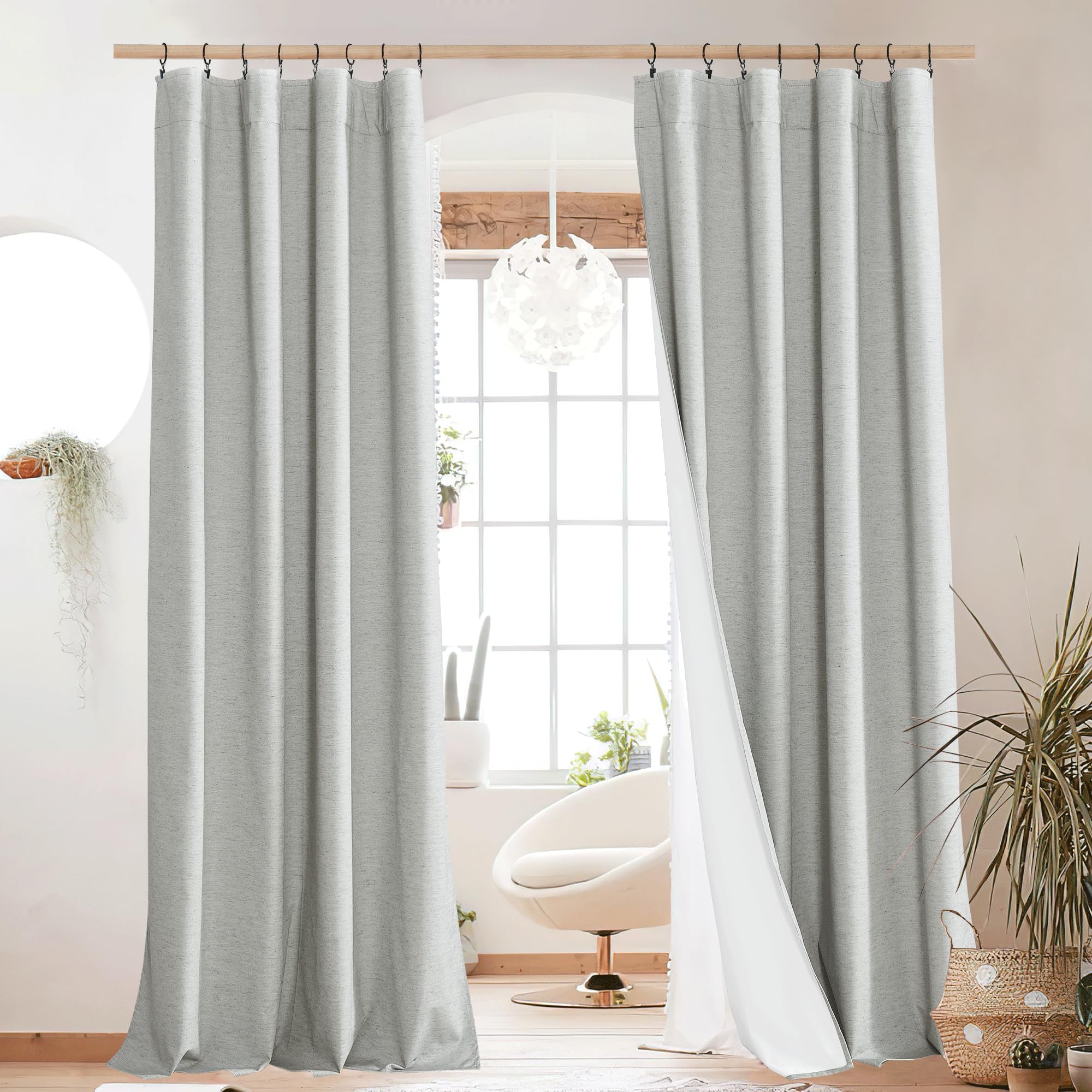 NICETOWN 100% Blackout Linen Curtains 90" Long for Bedroom, Thermal Insulated Living Room Curtains with Liner, Farmhouse Style Linen Blend Window Draperies for Dining Room (2 Panels, 52" W, Natural)