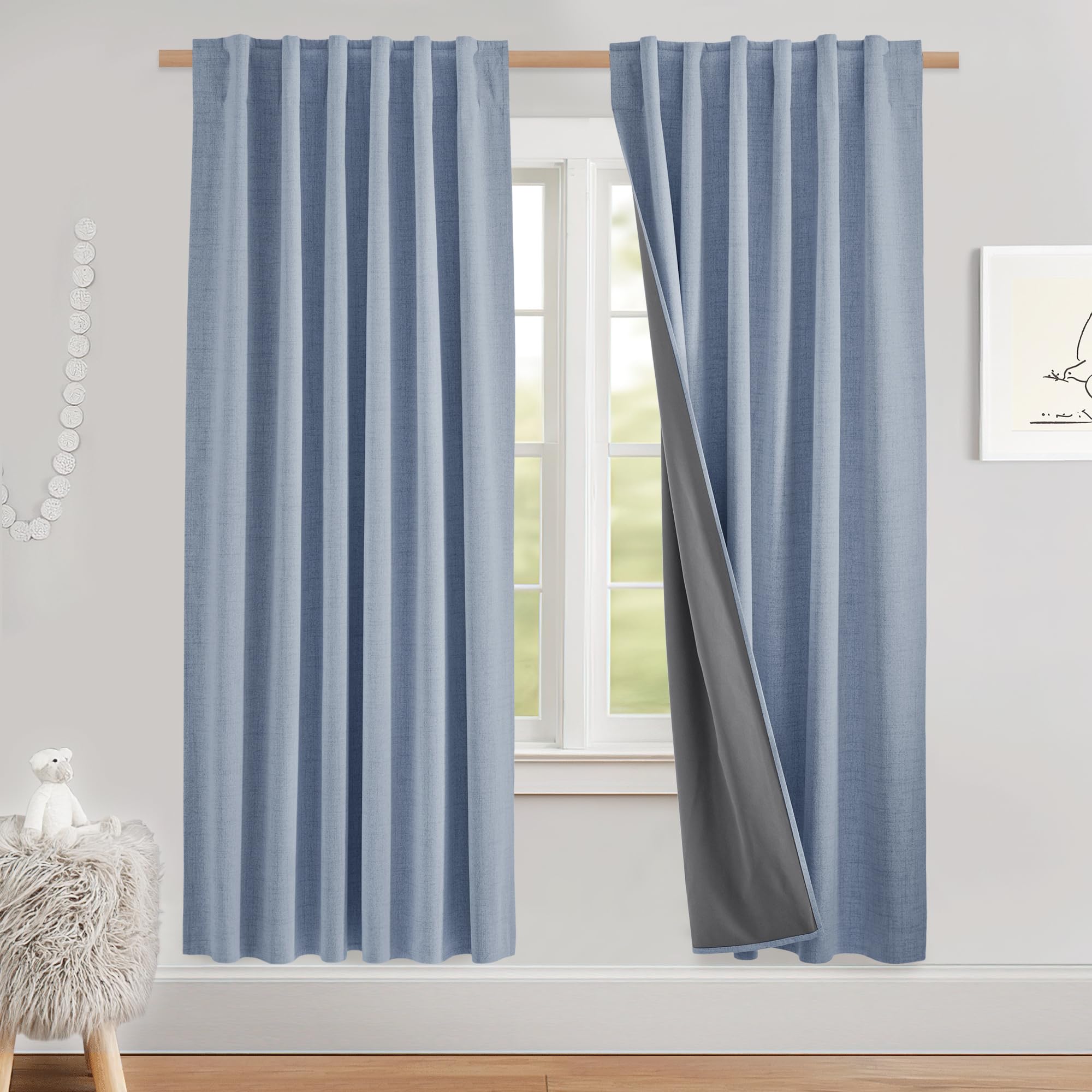 NICETOWN 100% Blackout Linen Curtains 90" Long for Bedroom, Thermal Insulated Living Room Curtains with Liner, Farmhouse Style Linen Blend Window Draperies for Dining Room (2 Panels, 52" W, Natural)