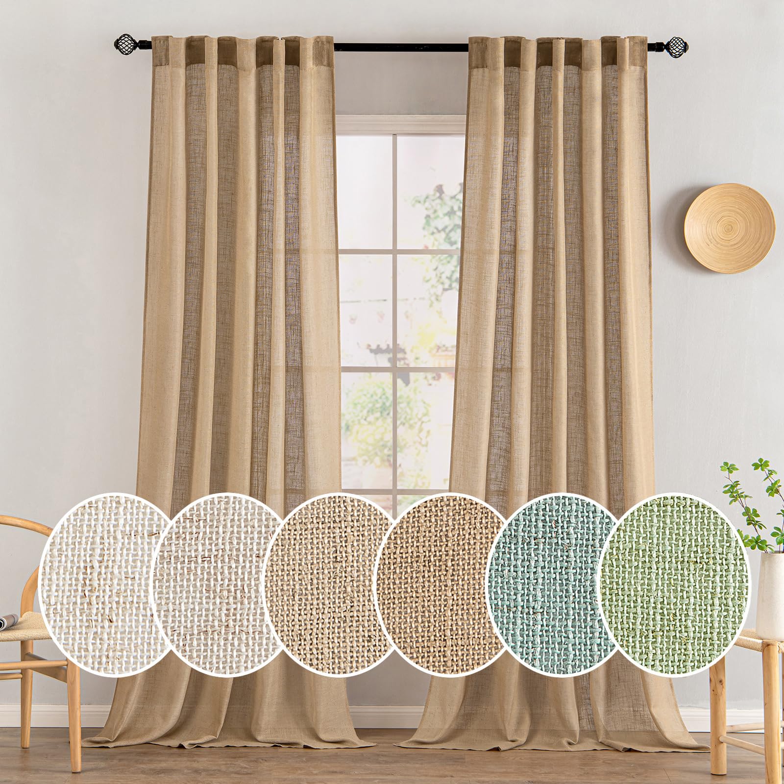 MIULEE Taupe Linen Curtains 84 Inch Length for Bedroom Living Room, Soft Thick Linen Textured Window Drapes Semi Sheer Light Filtering Back Tab Rod Pocket Burlap Look Farmhouse Country Decor, 2 Panels