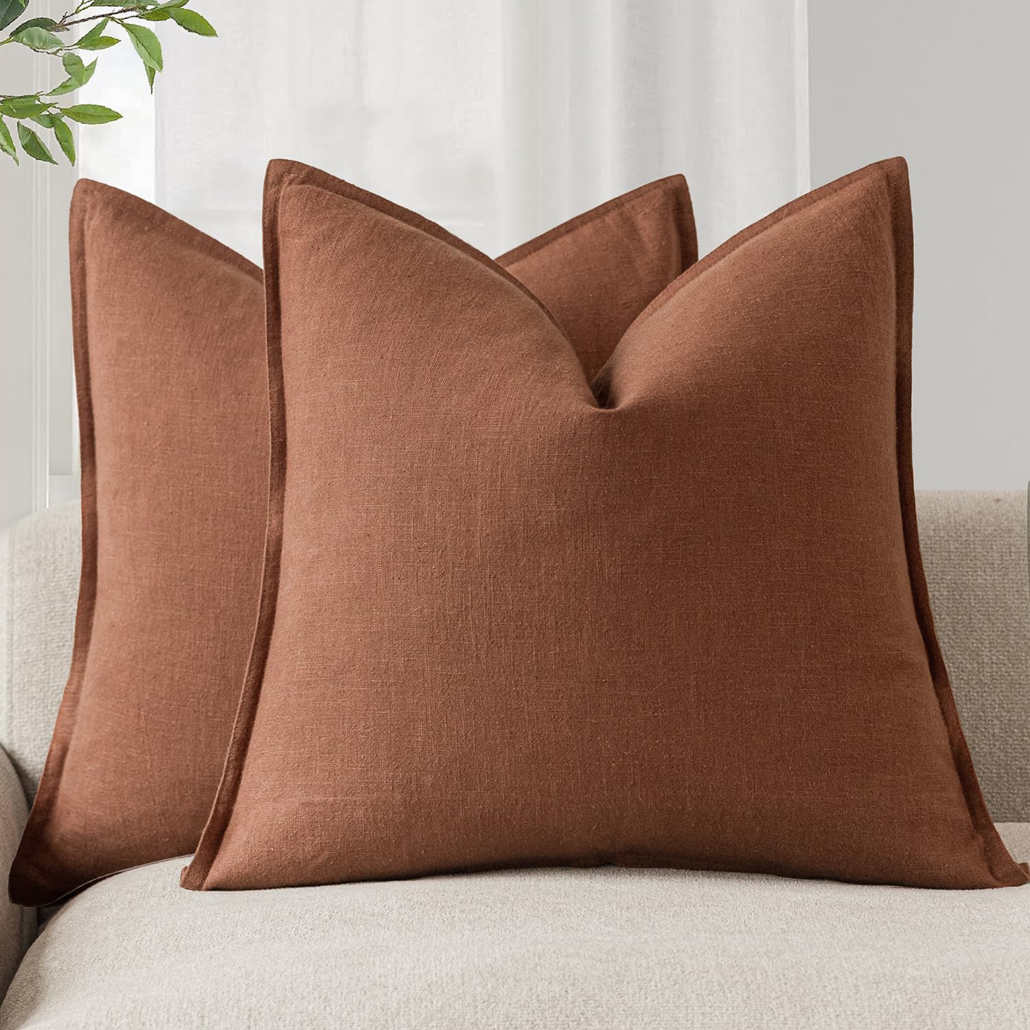 Foindtower Pack of 2, Decorative Linen Soild Throw Pillow Covers Soft Accent Cushion Case Boho Farmhouse Neutral Pillowcase for Couch Sofa Bedroom Living Room Home Decor 20 x 20 Inch Natural Beige