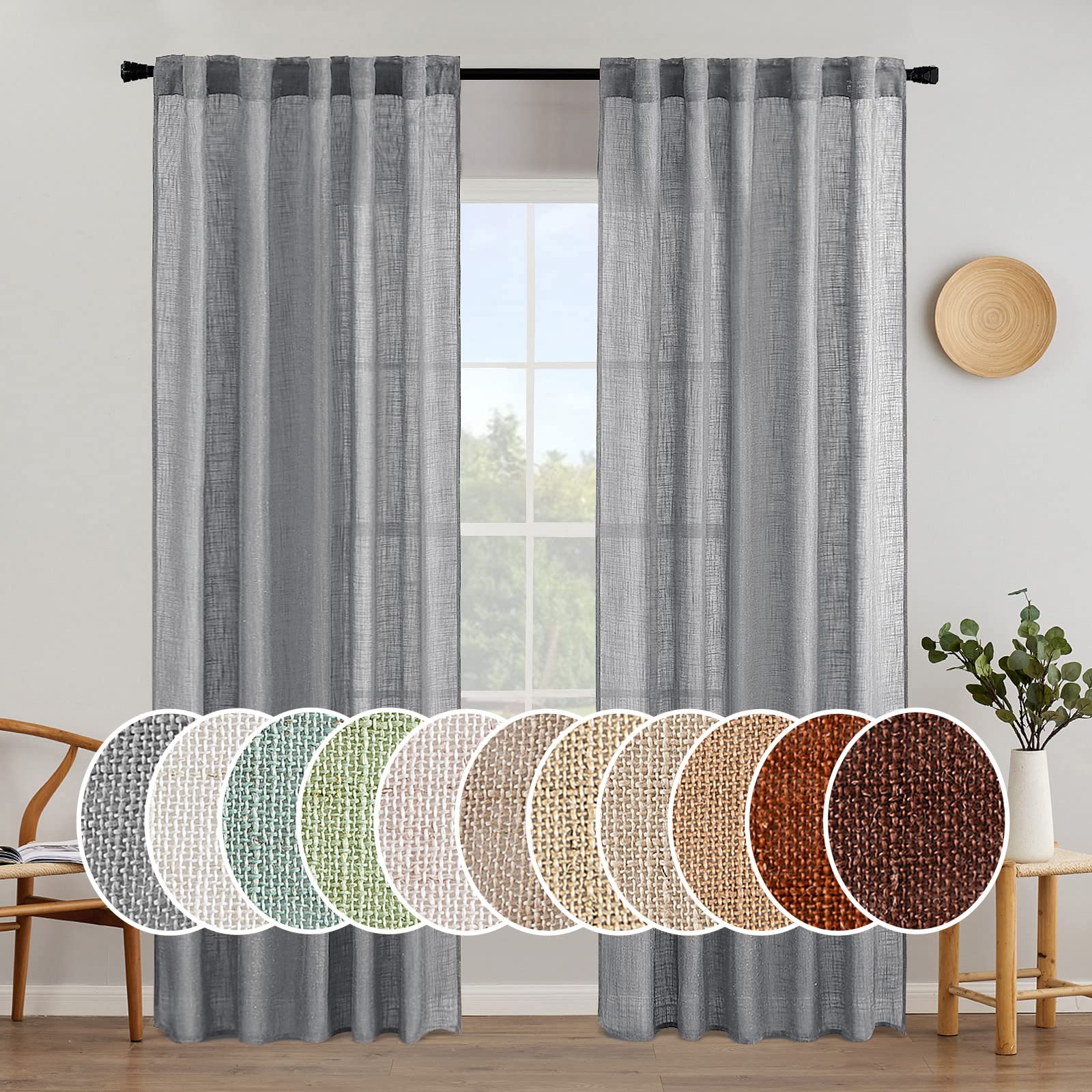 MIULEE Taupe Linen Curtains 84 Inch Length for Bedroom Living Room, Soft Thick Linen Textured Window Drapes Semi Sheer Light Filtering Back Tab Rod Pocket Burlap Look Farmhouse Country Decor, 2 Panels