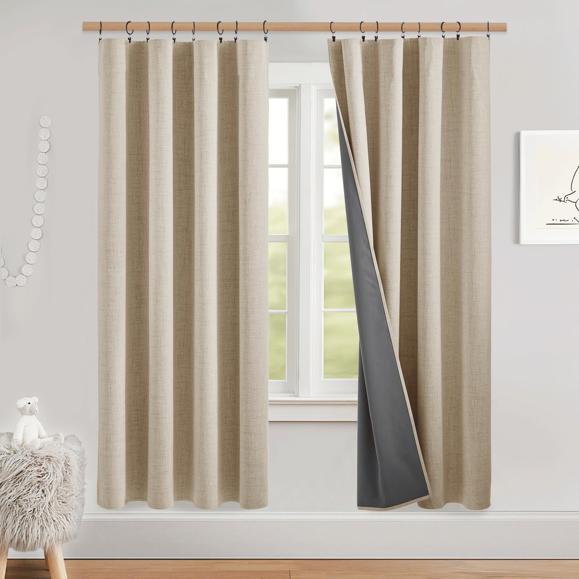 NICETOWN 100% Blackout Linen Curtains 90" Long for Bedroom, Thermal Insulated Living Room Curtains with Liner, Farmhouse Style Linen Blend Window Draperies for Dining Room (2 Panels, 52" W, Natural)