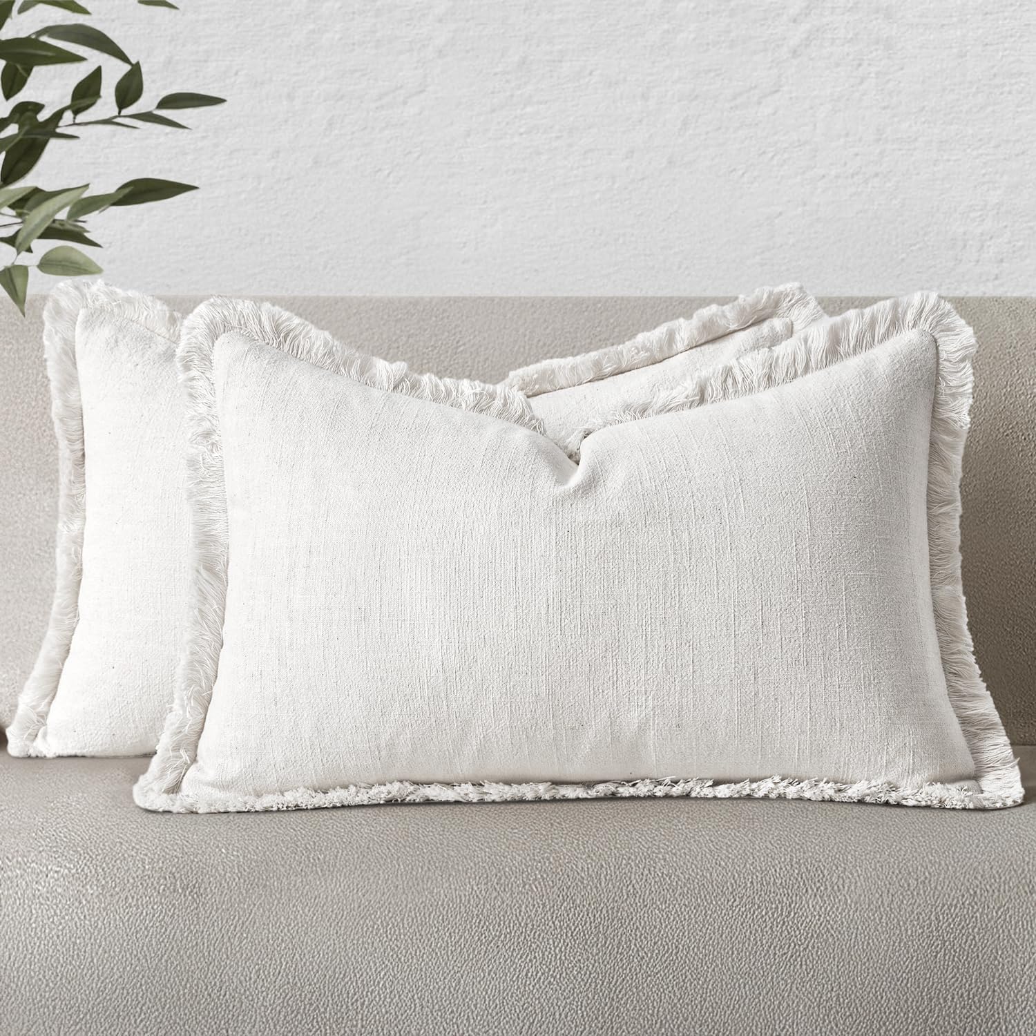 MIULEE Decorative Throw Pillow Covers Neutral Linen Fringe Throw Pillows Set of 2 Natural Beige Boho Farmhouse Cushion Cases with Tassels for Couch Sofa Bed Living Room Spring Decor 18x18 Inch