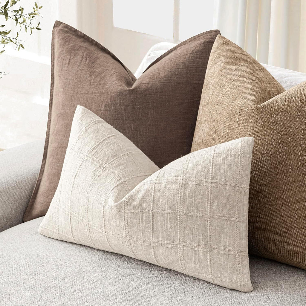 Foindtower Set of 1 Decorative Linen Check Throw Pillow Cover Neutral Farmhouse Lumbar Cushion Cover Modern Boho Home Decor for Sofa Chair Couch Bedroom Living Room,12×20 Inch,Natural Beige