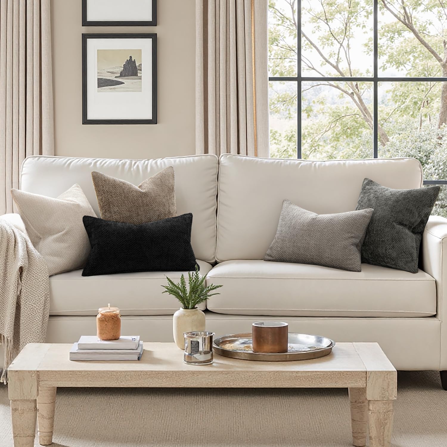 MIULEE Pack of 2 Couch Throw Pillow Covers 18x18 Inch Neutral Beige Modern Boho Accent Decorative Pillow Covers Soft Chenille Farmhouse Cushion Covers for Home Decor Bed Sofa Living Room